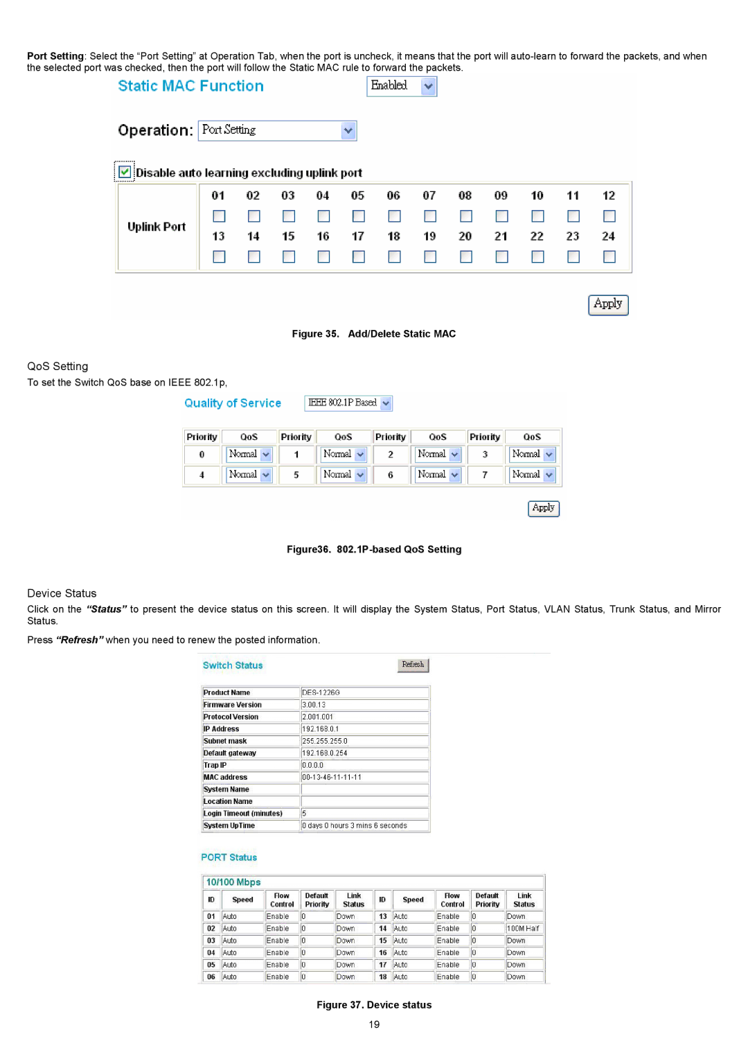 D-Link DES-1226G manual QoS Setting, Device Status 