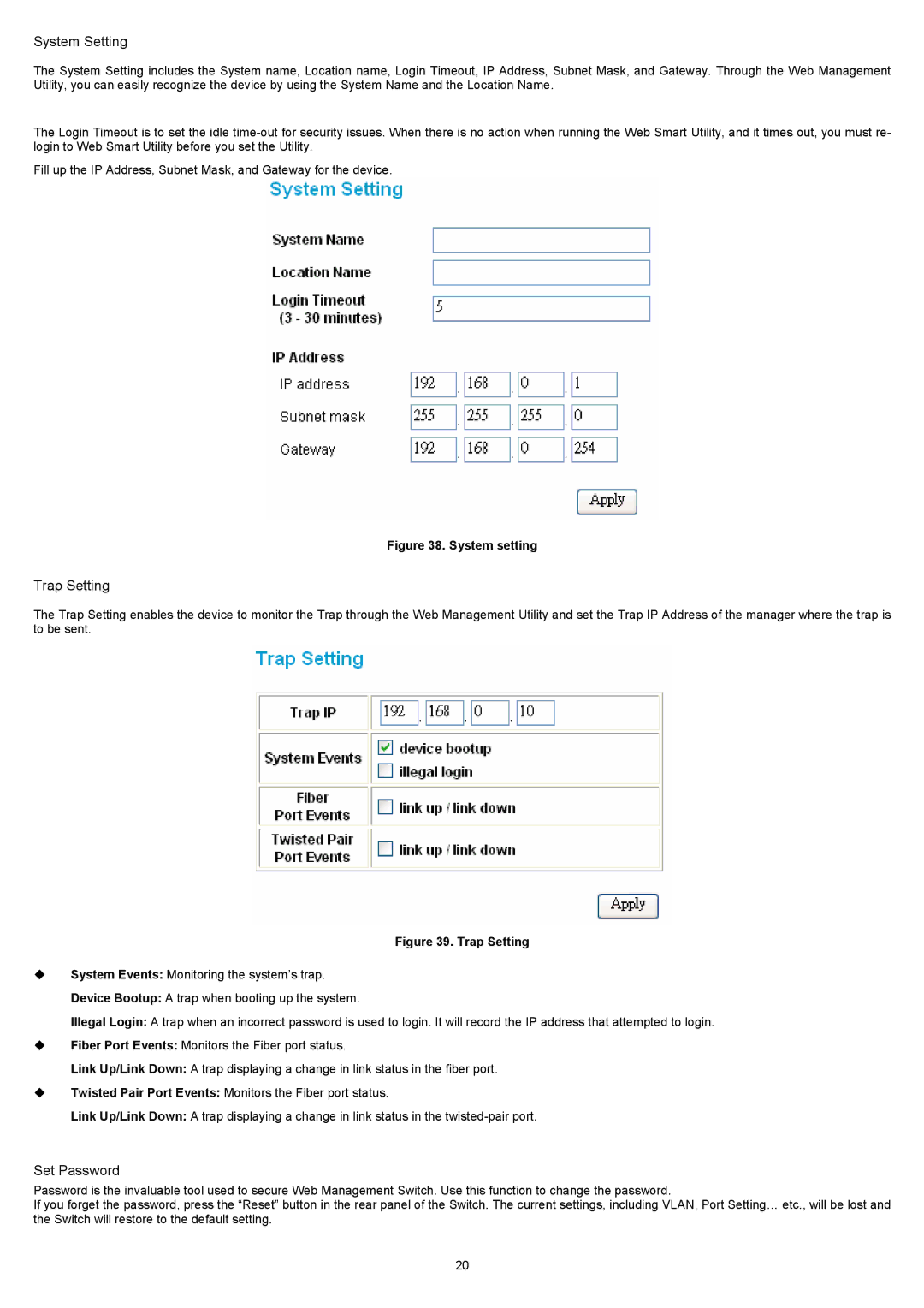 D-Link DES-1226G manual System Setting, Trap Setting, Set Password 