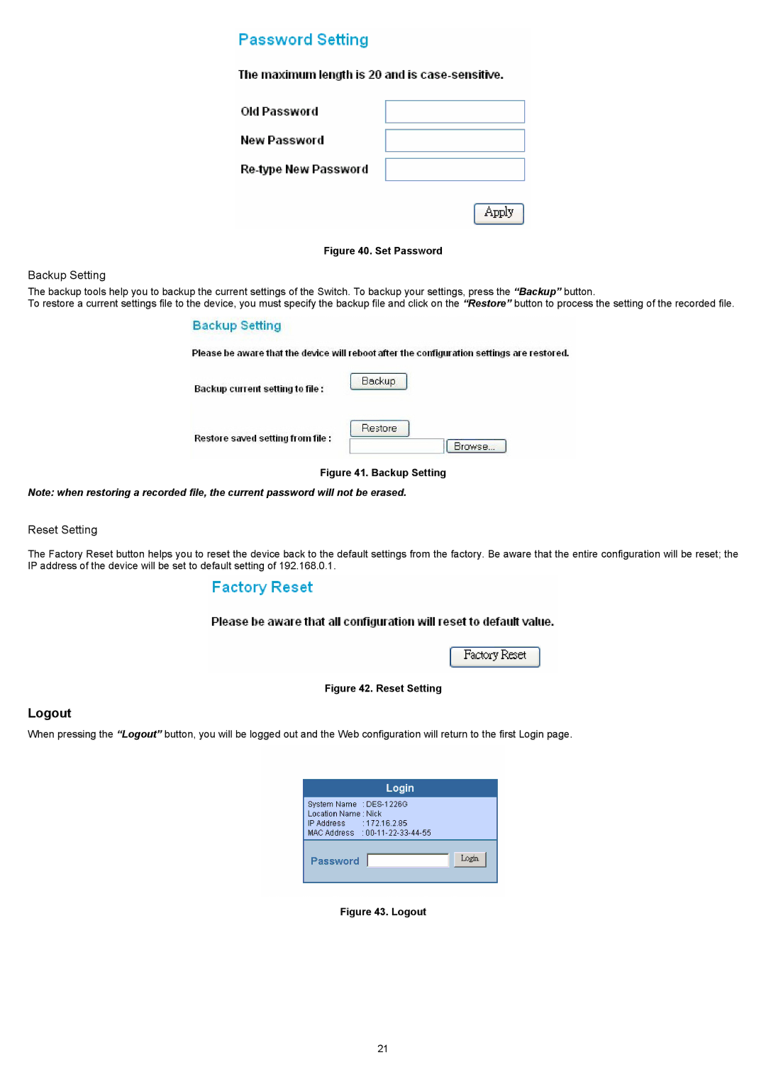 D-Link DES-1226G manual Logout, Backup Setting, Reset Setting 