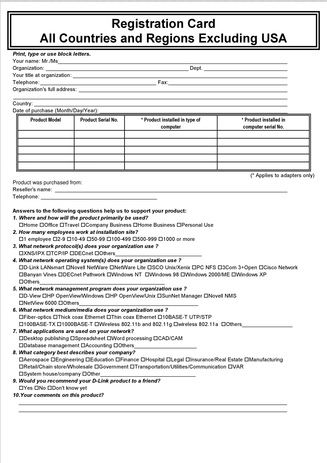 D-Link DES-1226G manual Registration Card All Countries and Regions Excluding USA 