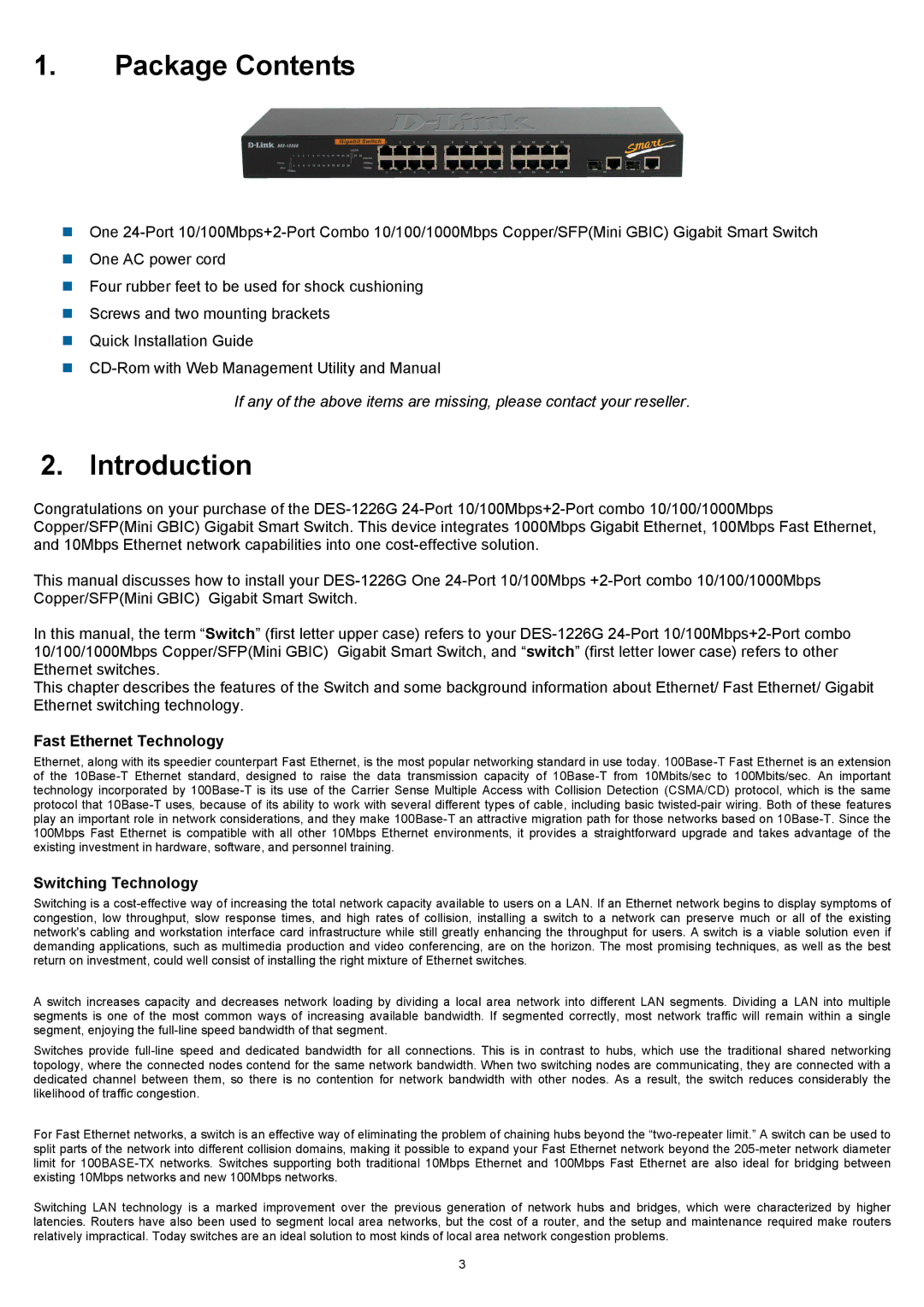 D-Link DES-1226G manual Package Contents 