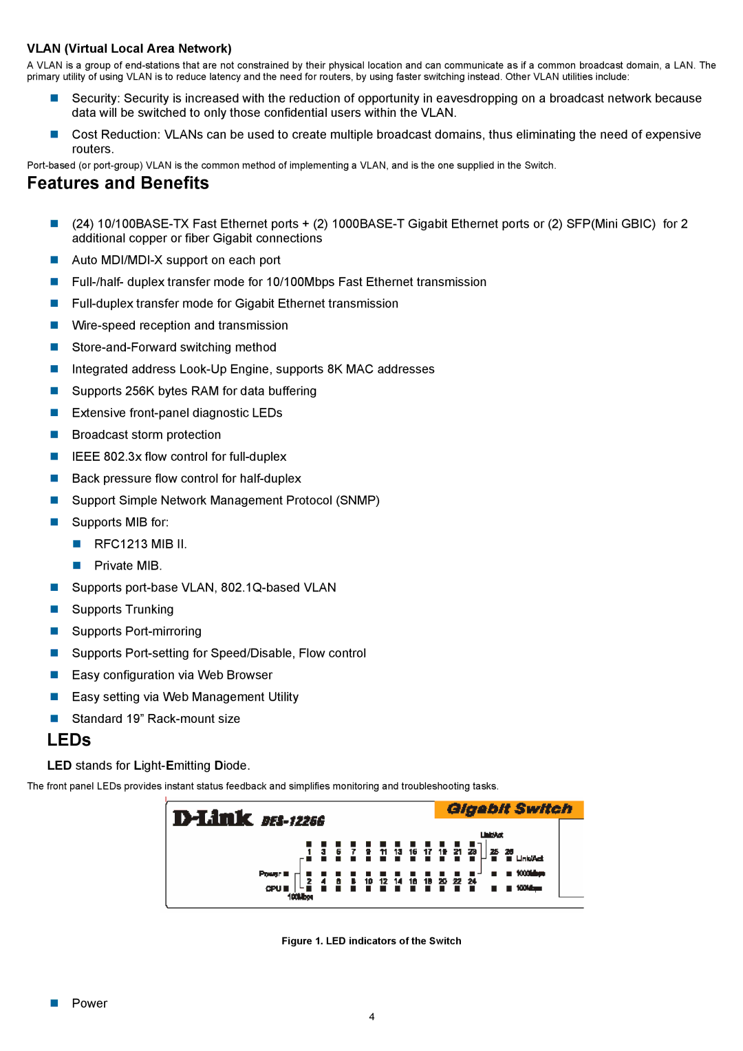 D-Link DES-1226G manual Features and Benefits, Vlan Virtual Local Area Network 