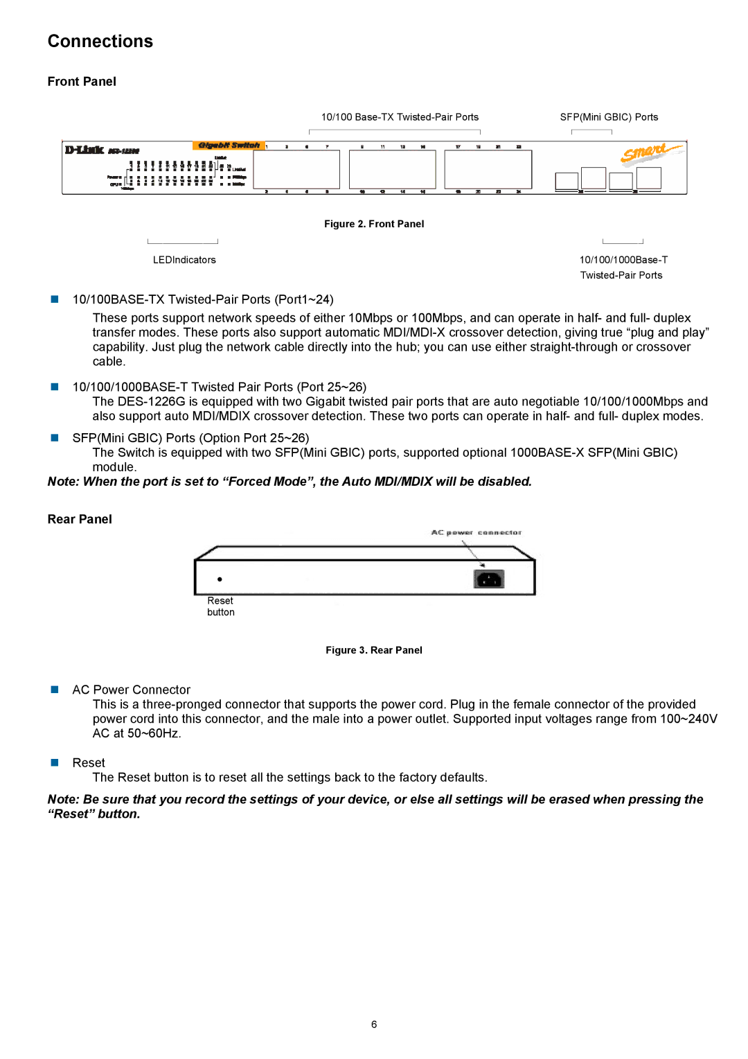 D-Link DES-1226G manual Front Panel, Rear Panel 