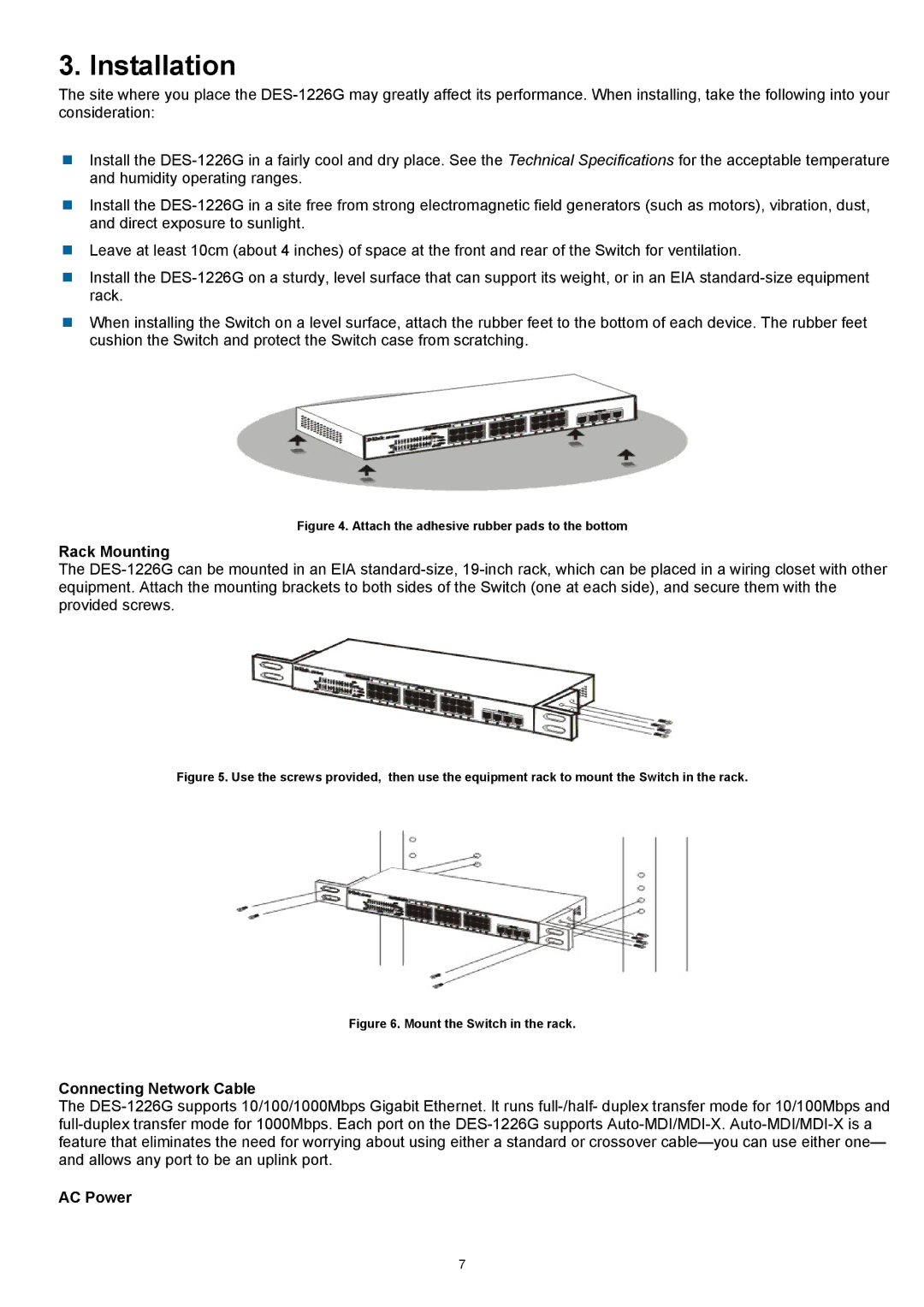 D-Link DES-1226G manual Rack Mounting, Connecting Network Cable, AC Power 