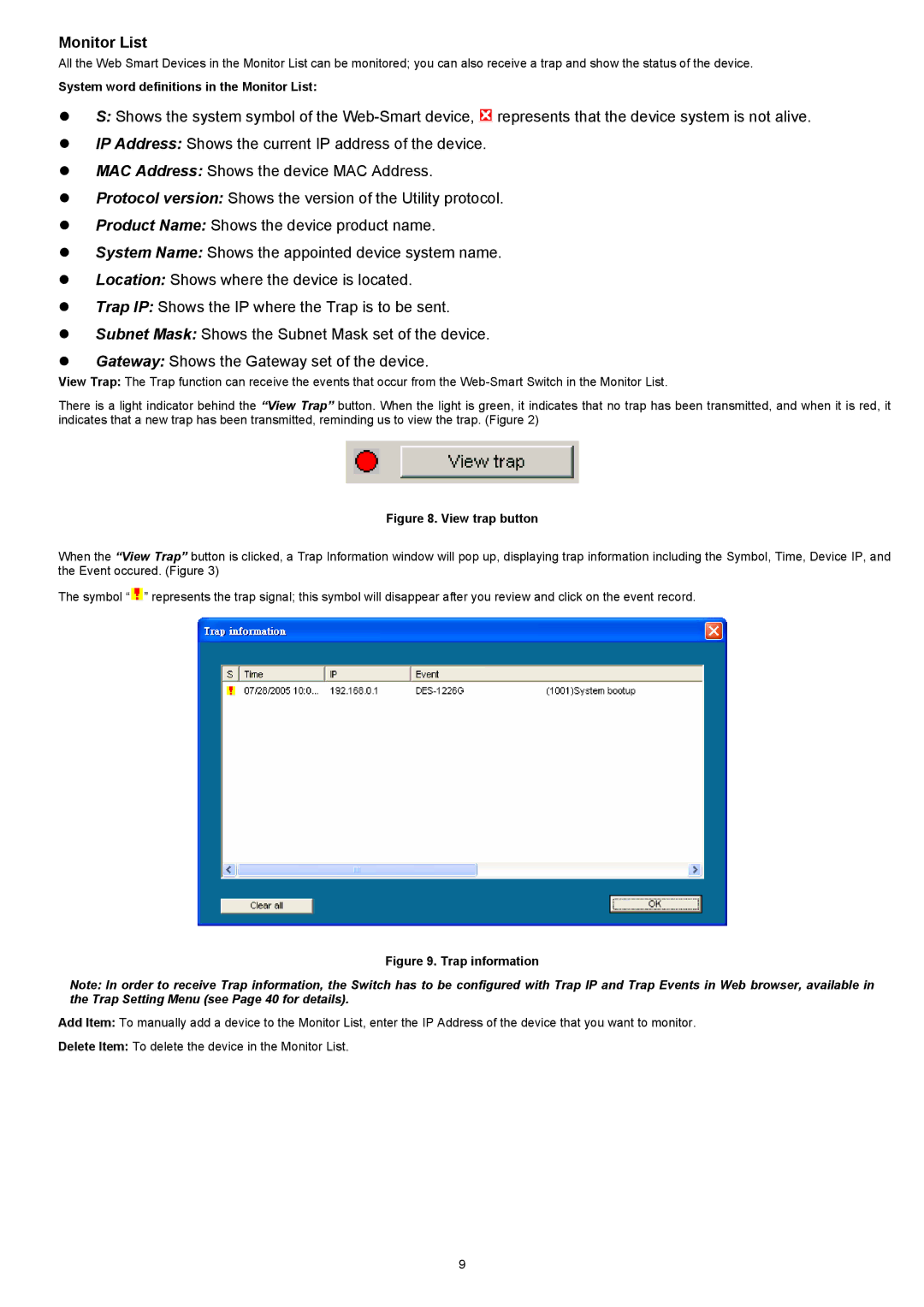 D-Link DES-1226G manual Monitor List, View trap button 