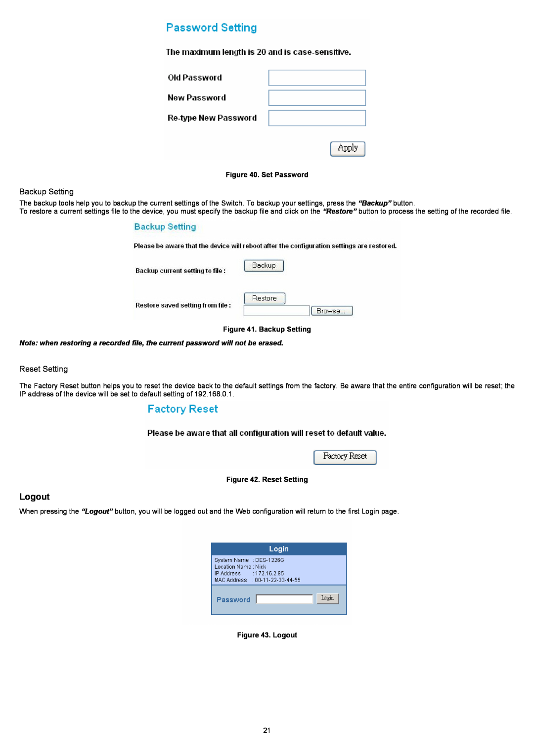 D-Link DES-1226G manual Logout, Backup Setting, Reset Setting, Set Password 