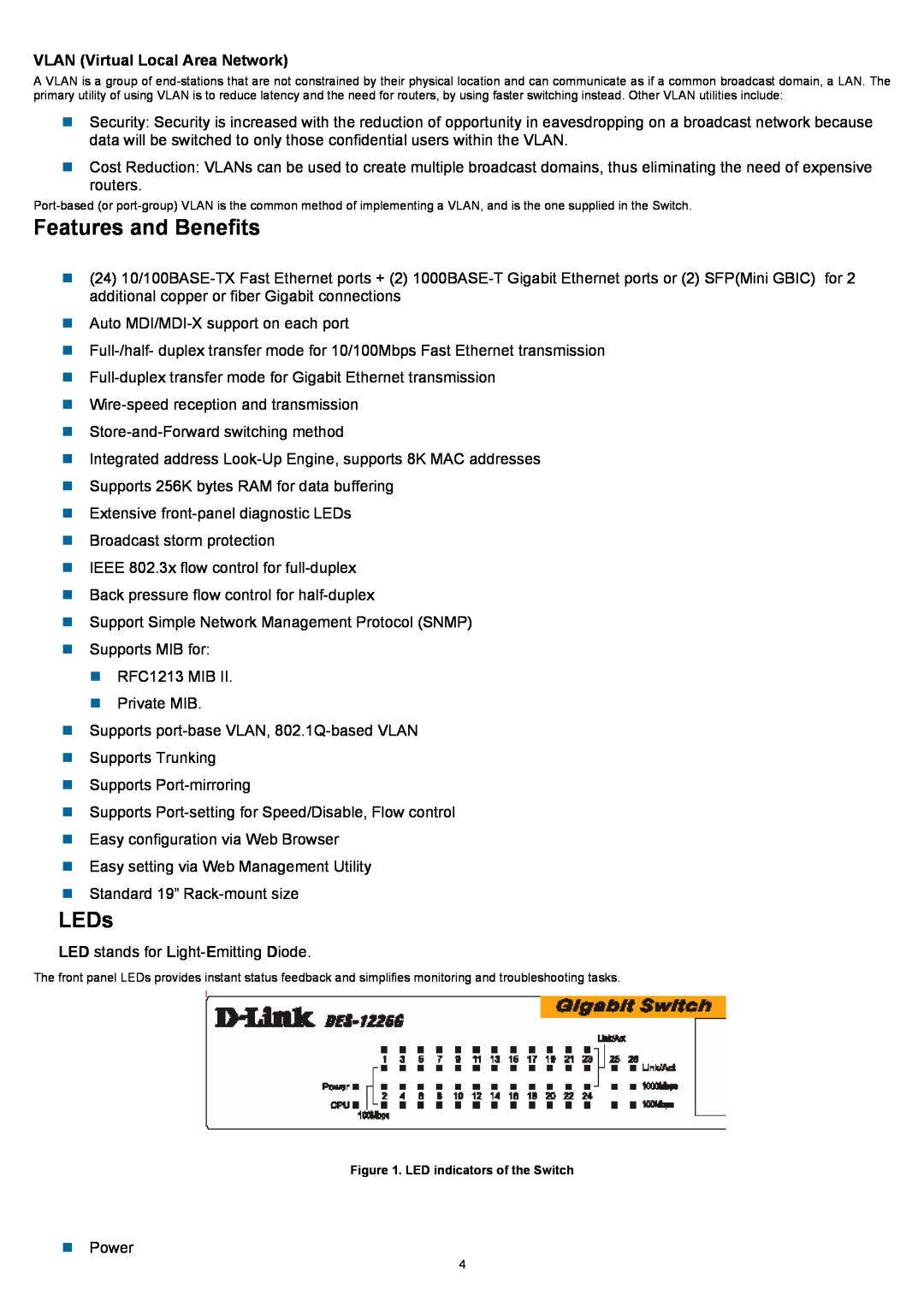 D-Link DES-1226G manual Features and Benefits, LEDs, VLAN Virtual Local Area Network 
