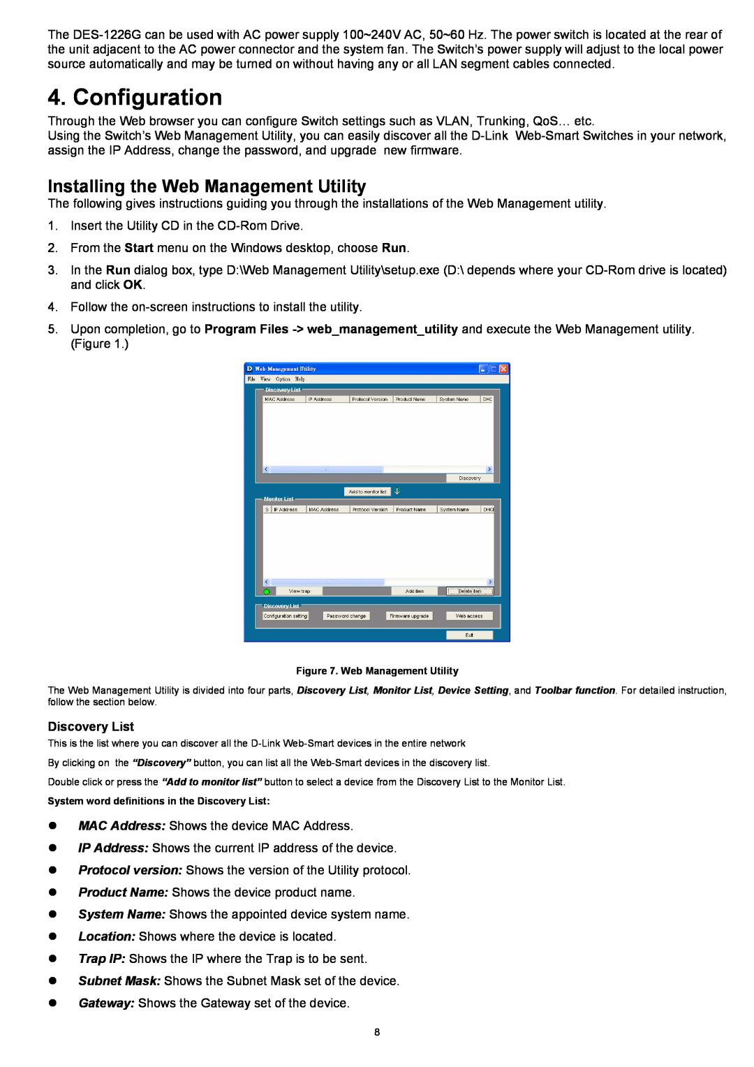D-Link DES-1226G manual Configuration, Installing the Web Management Utility, Discovery List 