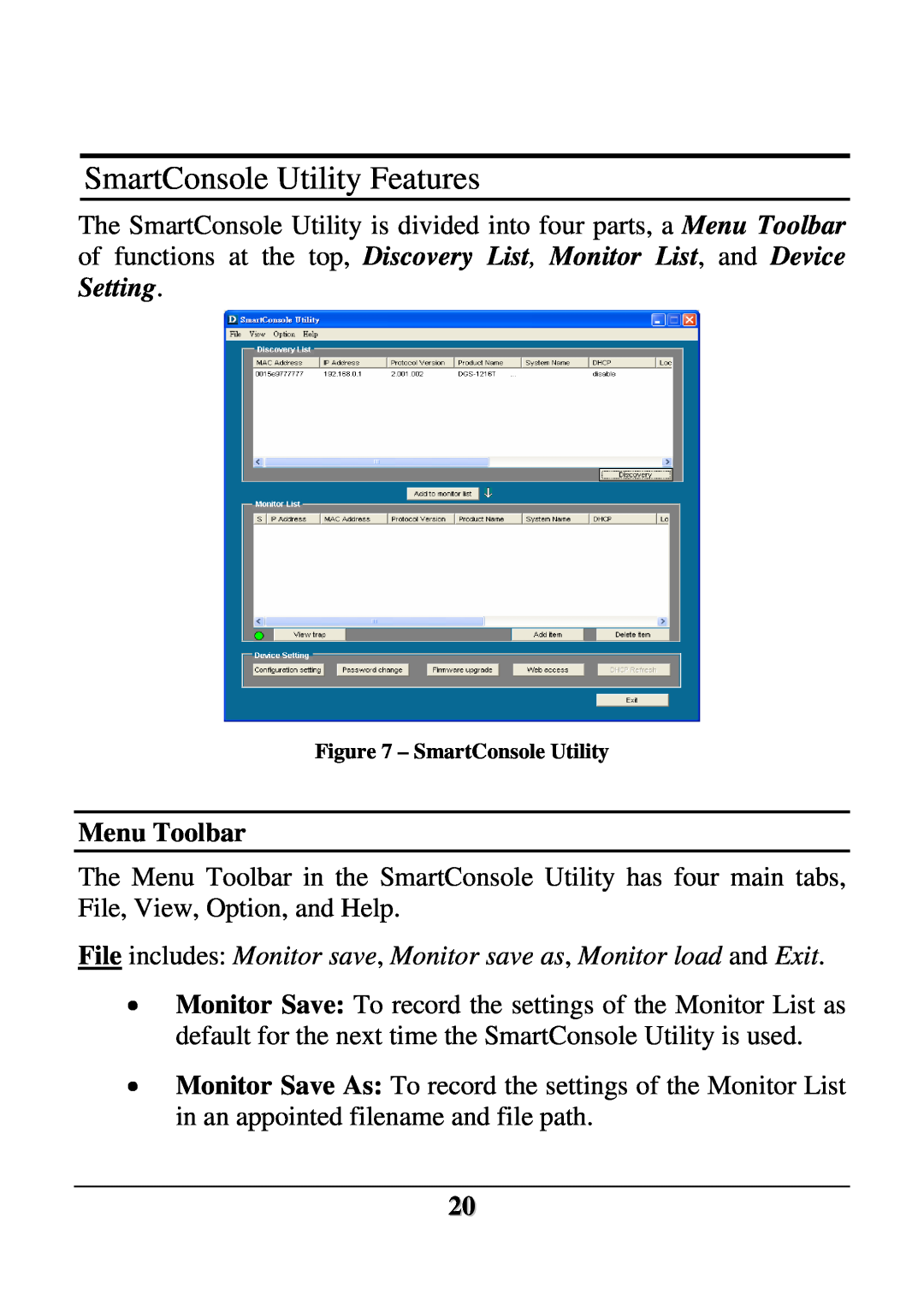 D-Link DES-1228 user manual SmartConsole Utility Features, Menu Toolbar 