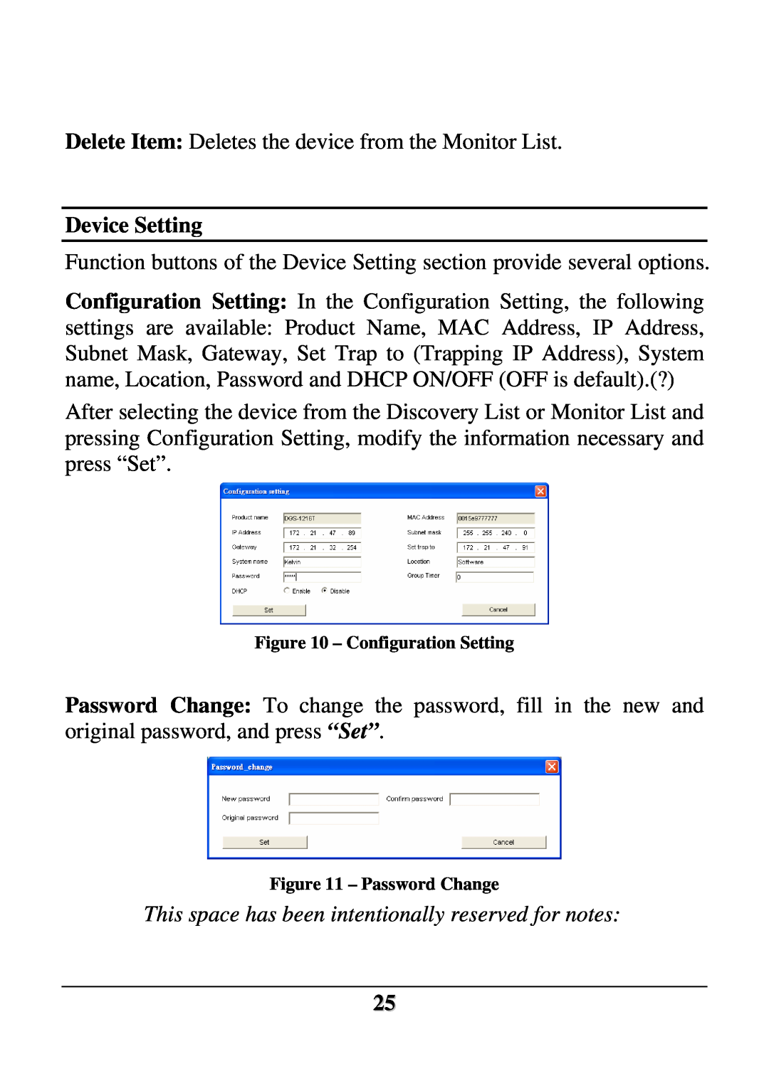 D-Link DES-1228 user manual Device Setting, This space has been intentionally reserved for notes 