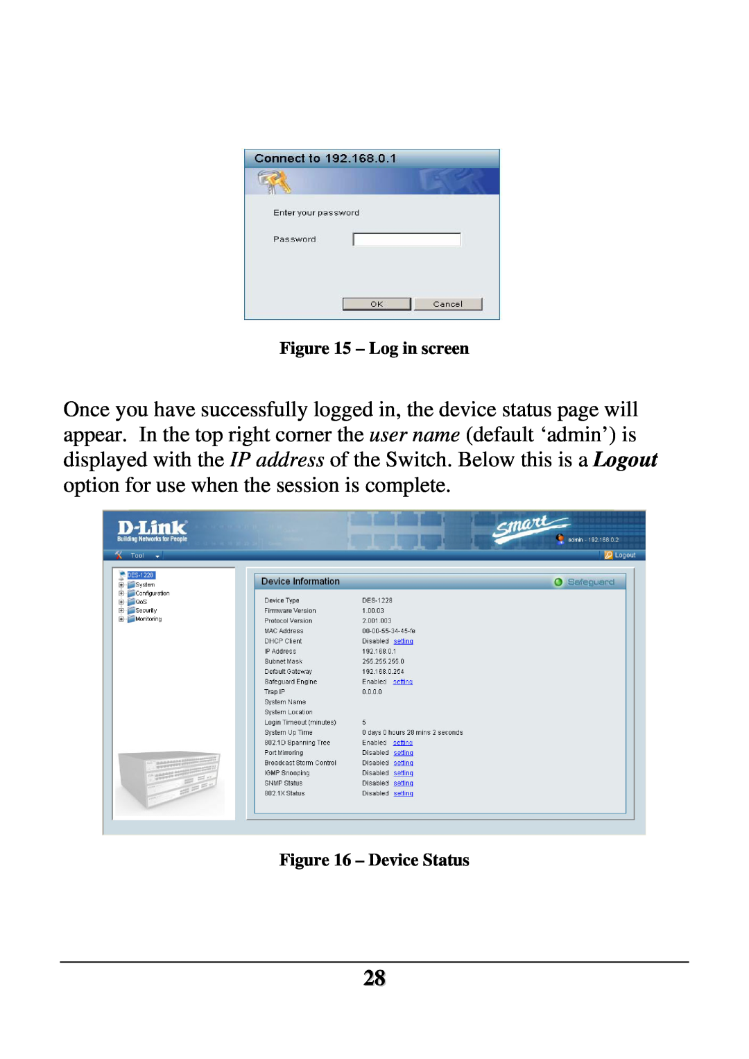 D-Link DES-1228 user manual Log in screen, Device Status 