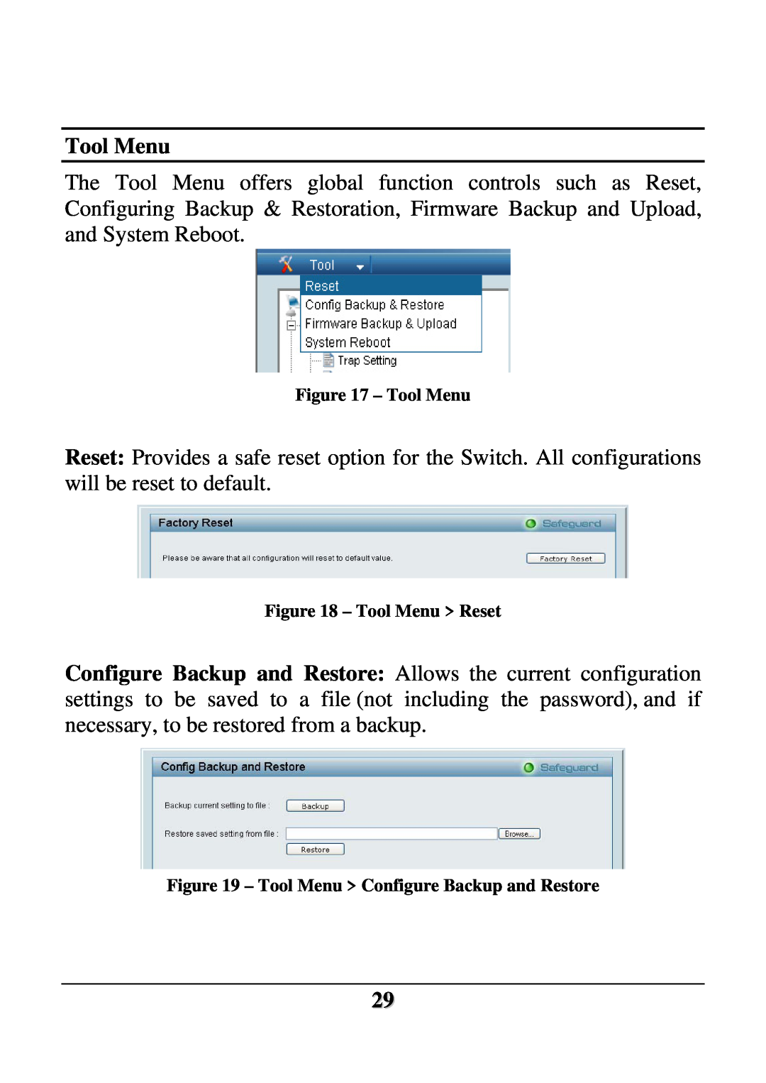 D-Link DES-1228 user manual Tool Menu Reset, Tool Menu Configure Backup and Restore 