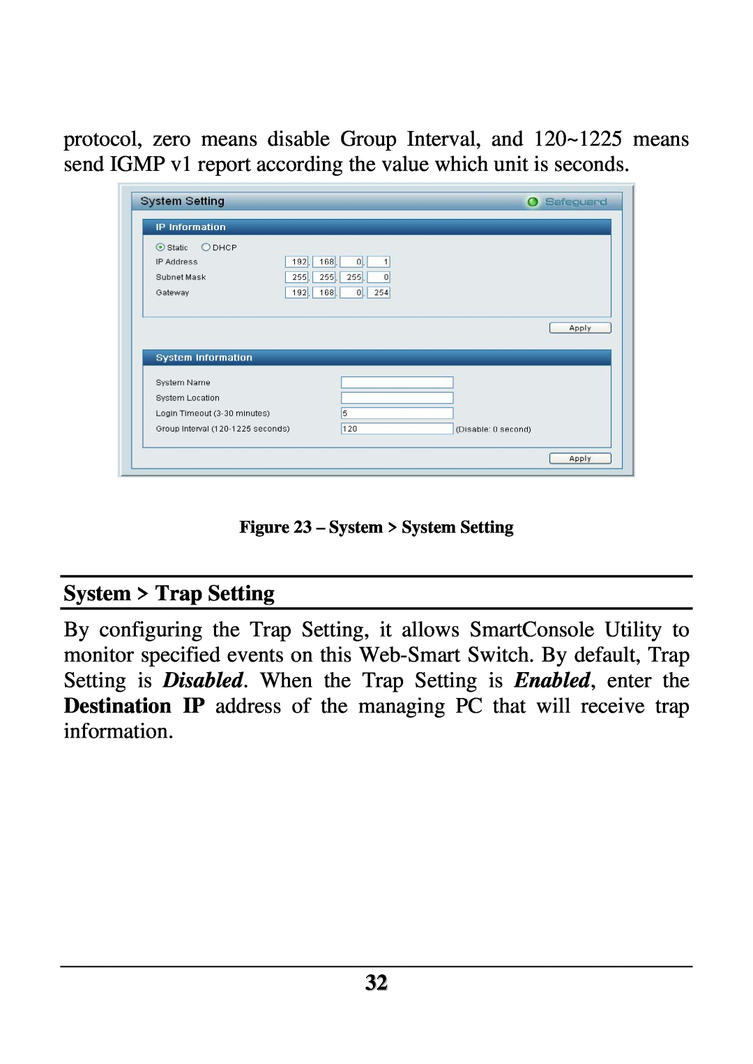 D-Link DES-1228 user manual System Trap Setting, System System Setting 