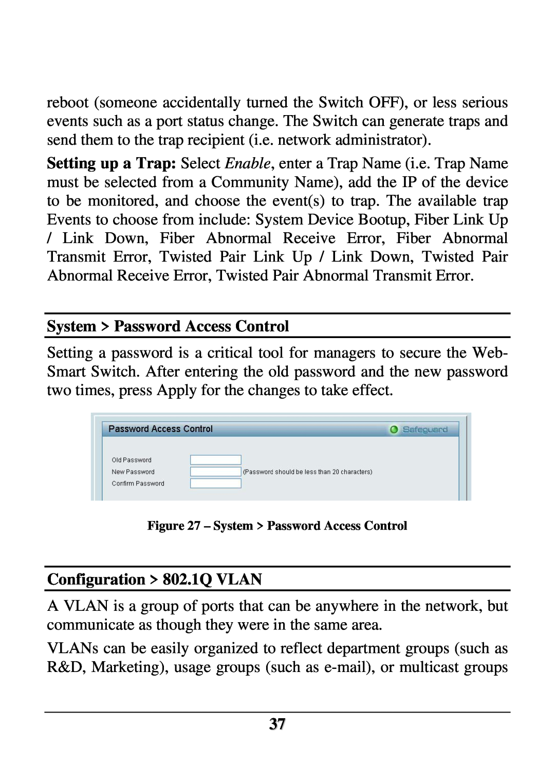 D-Link DES-1228 user manual System Password Access Control, Configuration 802.1Q VLAN 