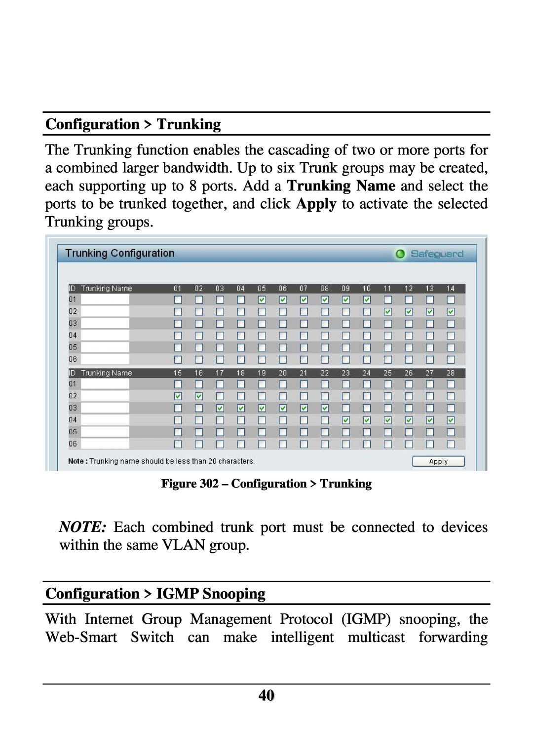 D-Link DES-1228 user manual Configuration Trunking, Configuration IGMP Snooping 
