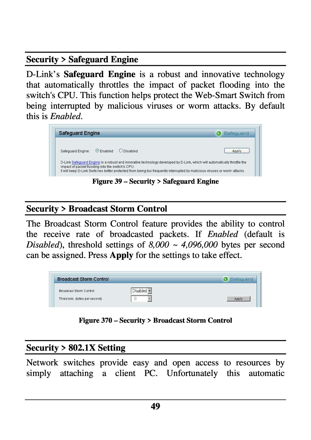 D-Link DES-1228 user manual Security Safeguard Engine, Security Broadcast Storm Control, Security 802.1X Setting 
