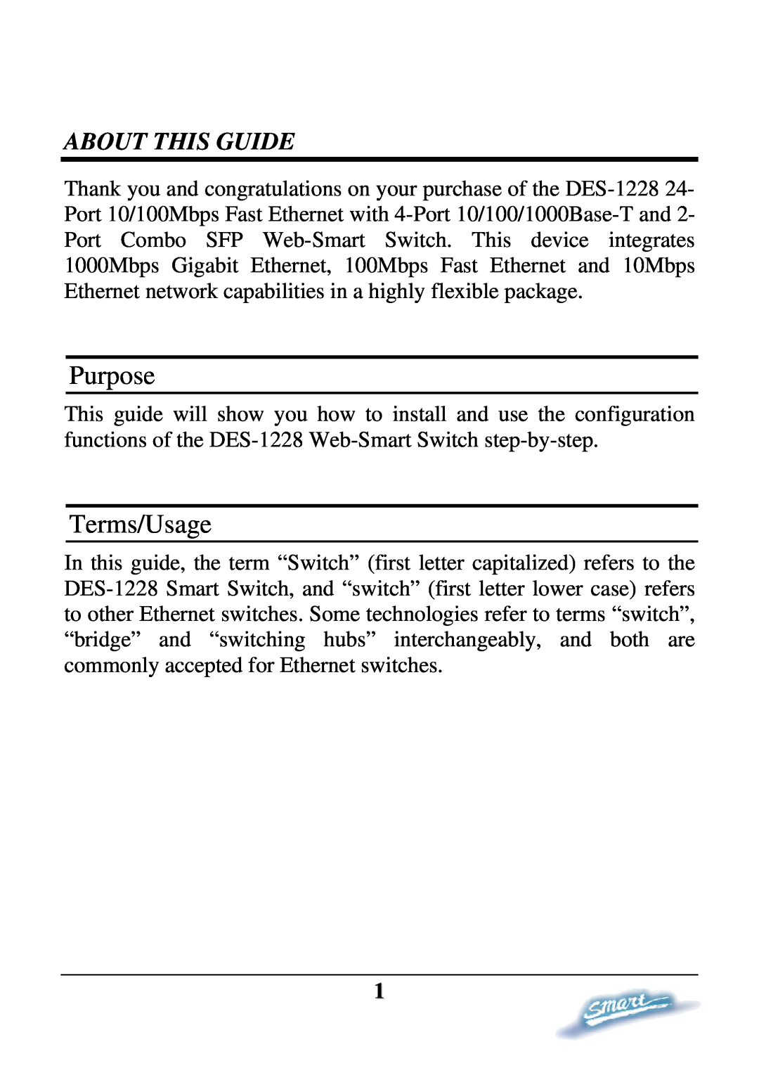 D-Link DES-1228 user manual Purpose, Terms/Usage, About This Guide 