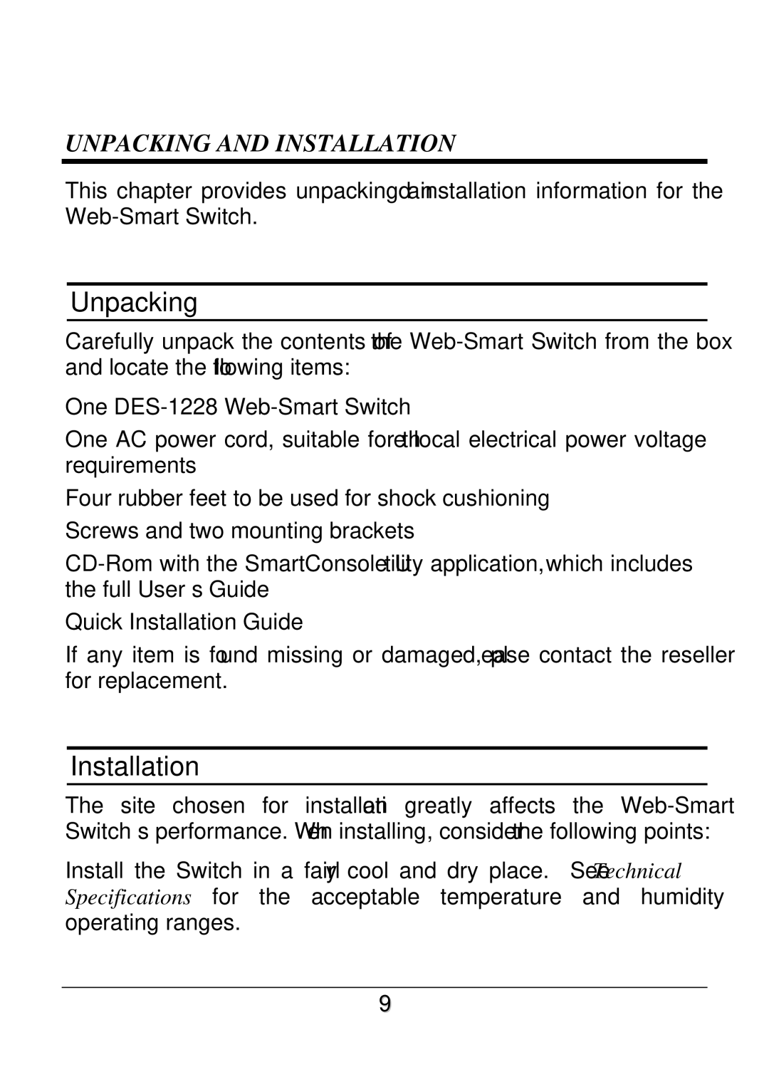 D-Link DES-1228 user manual Unpacking, Installation 