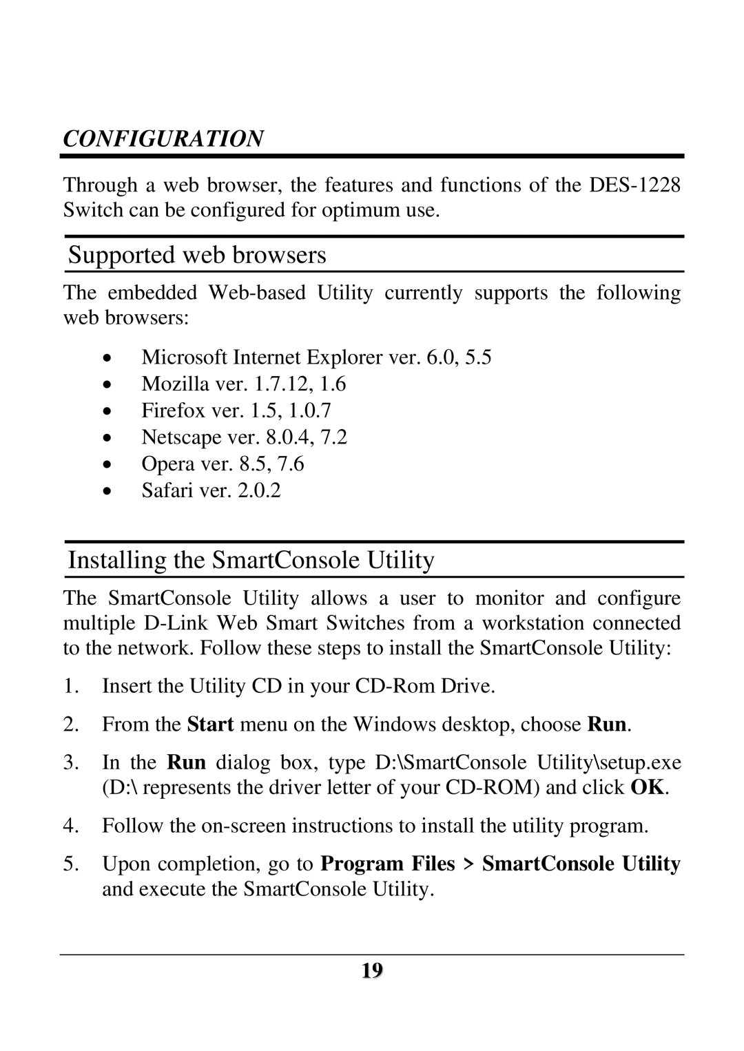 D-Link DES-1228 user manual Supported web browsers, Installing the SmartConsole Utility 