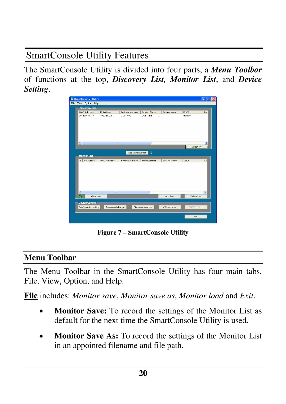 D-Link DES-1228 user manual SmartConsole Utility Features, Menu Toolbar 