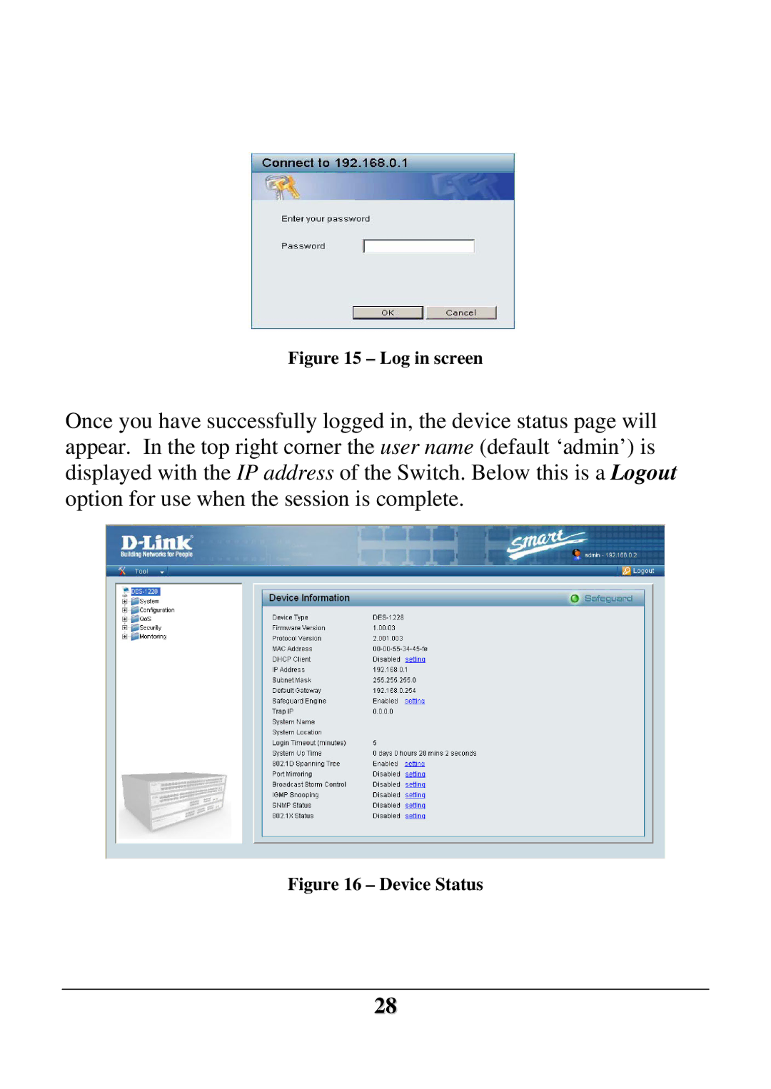 D-Link DES-1228 user manual Log in screen 