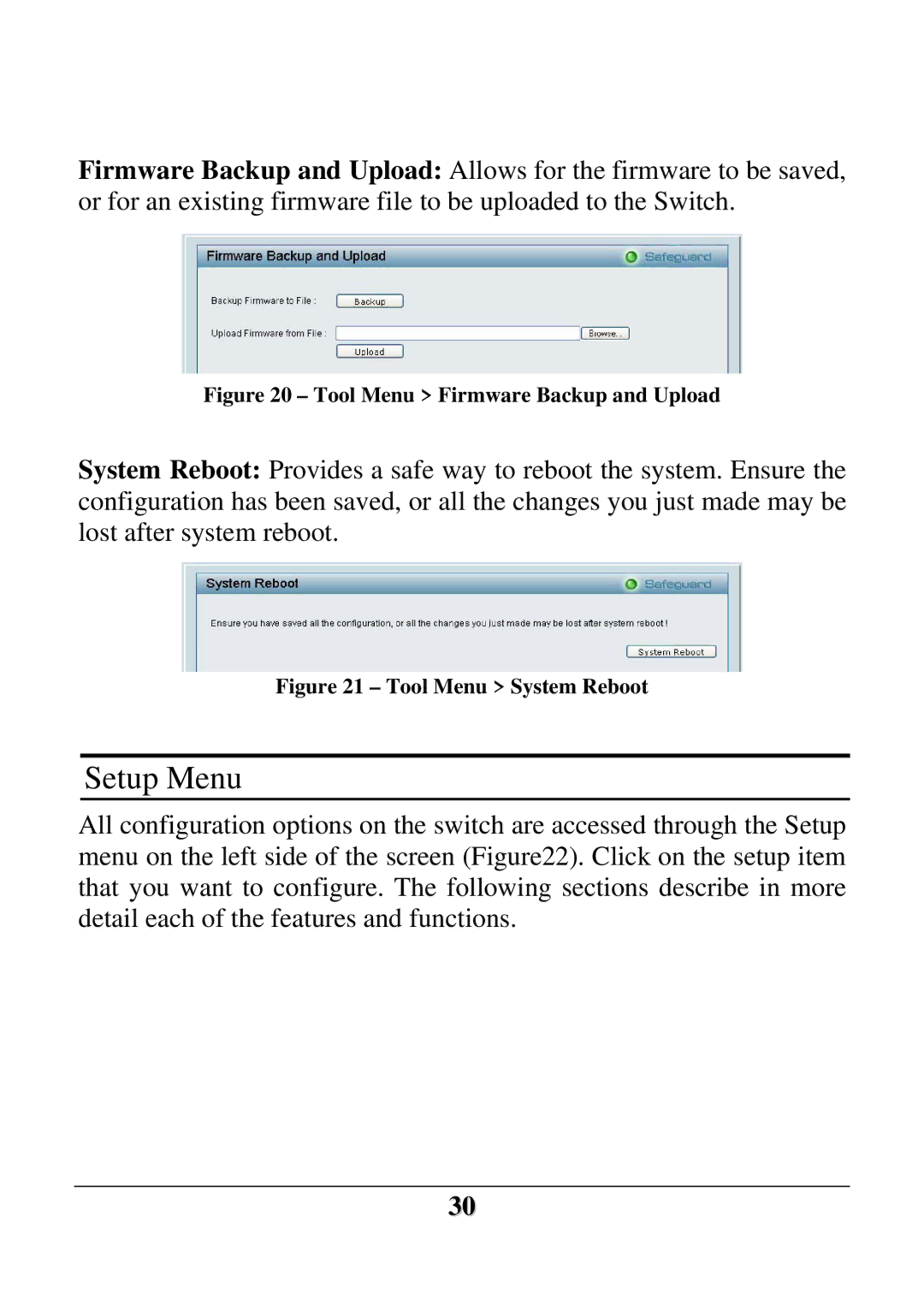 D-Link DES-1228 user manual Setup Menu, Tool Menu Firmware Backup and Upload 