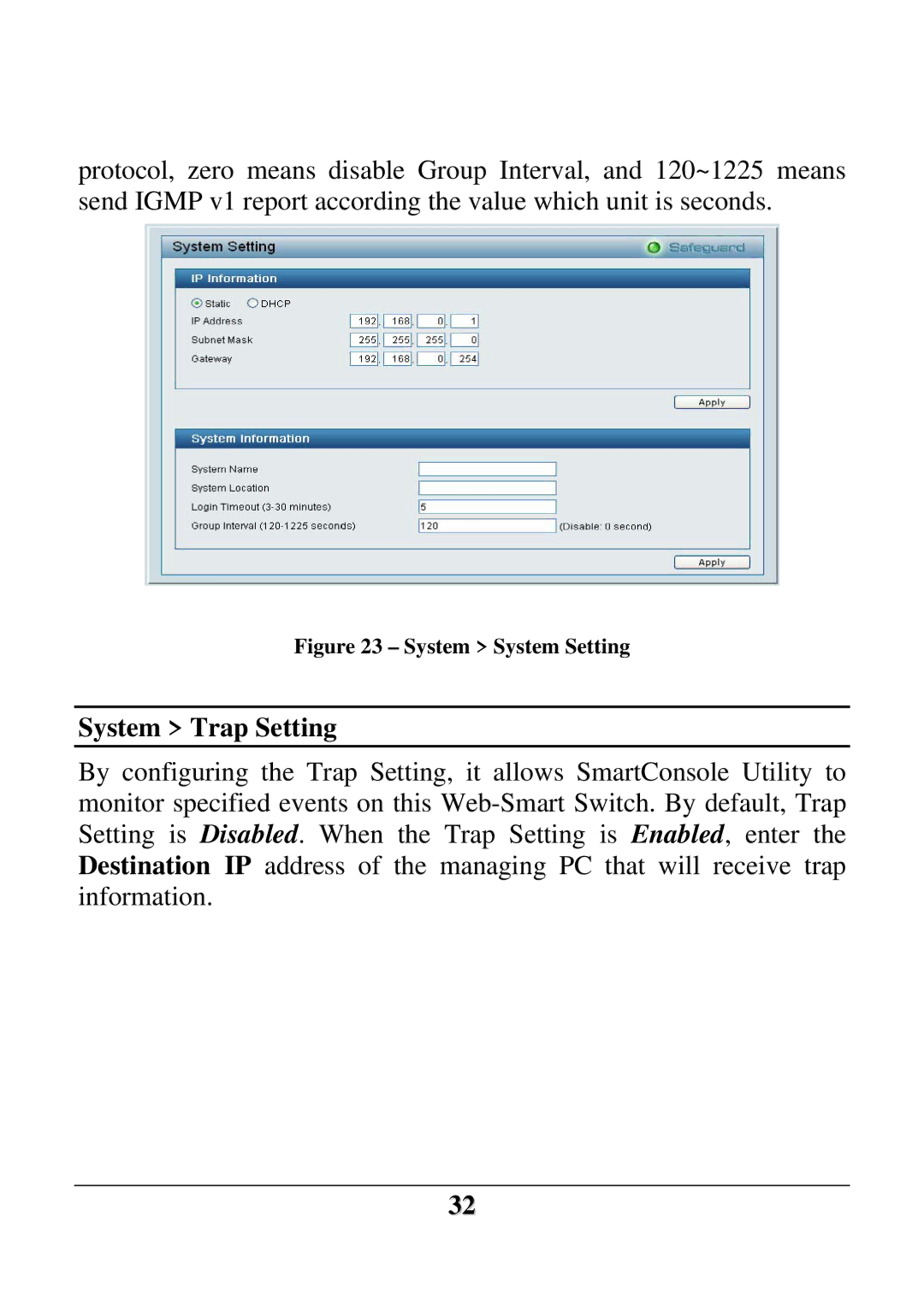 D-Link DES-1228 user manual System Trap Setting, System System Setting 