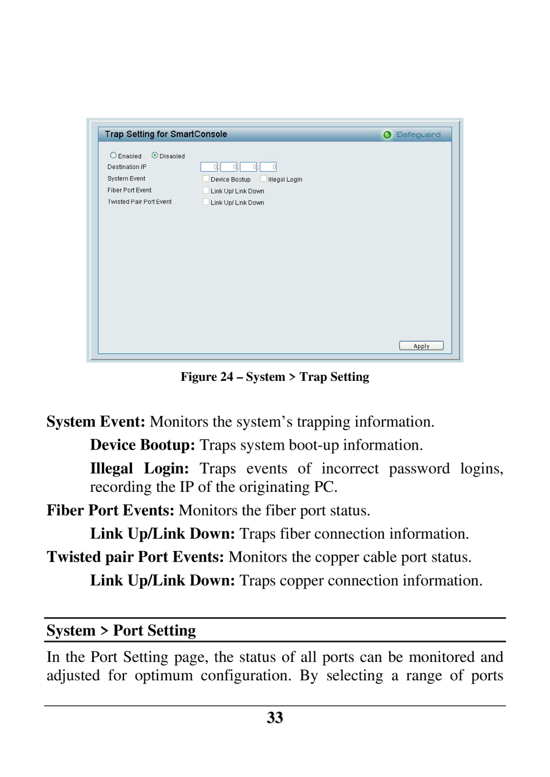 D-Link DES-1228 user manual System Port Setting, System Trap Setting 