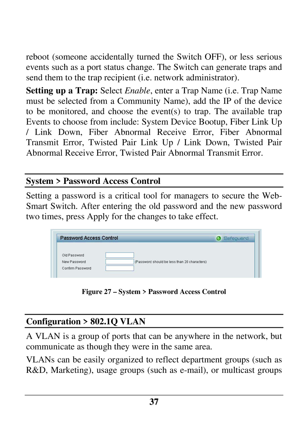 D-Link DES-1228 user manual System Password Access Control, Configuration 802.1Q Vlan 