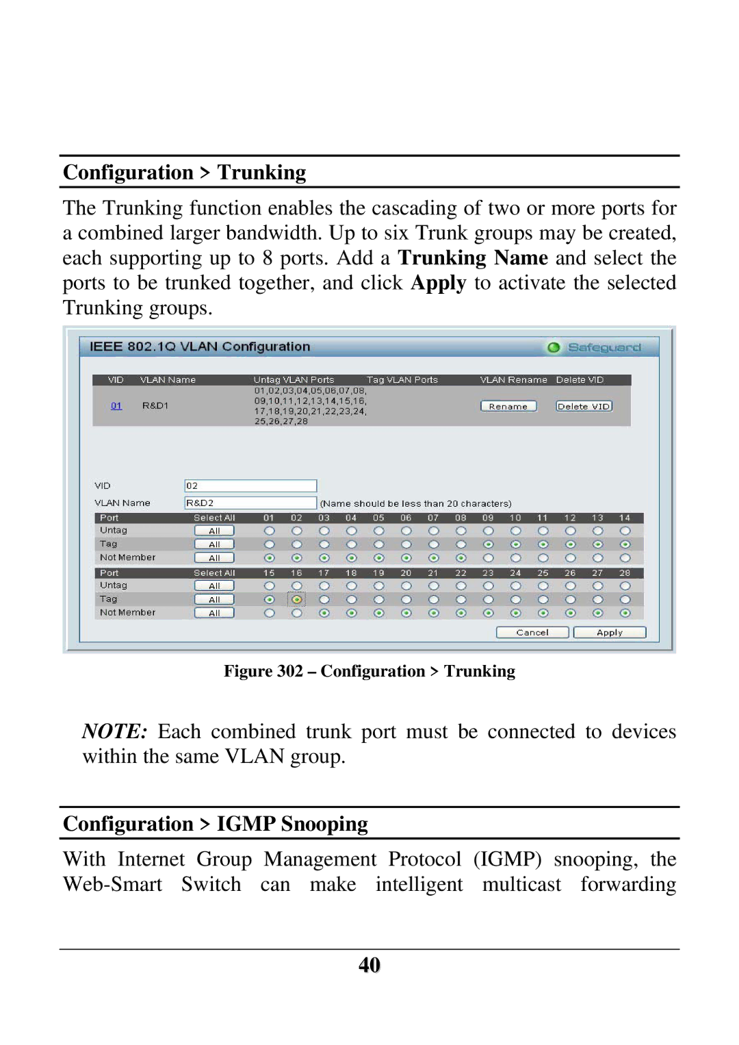 D-Link DES-1228 user manual Configuration Trunking, Configuration Igmp Snooping 