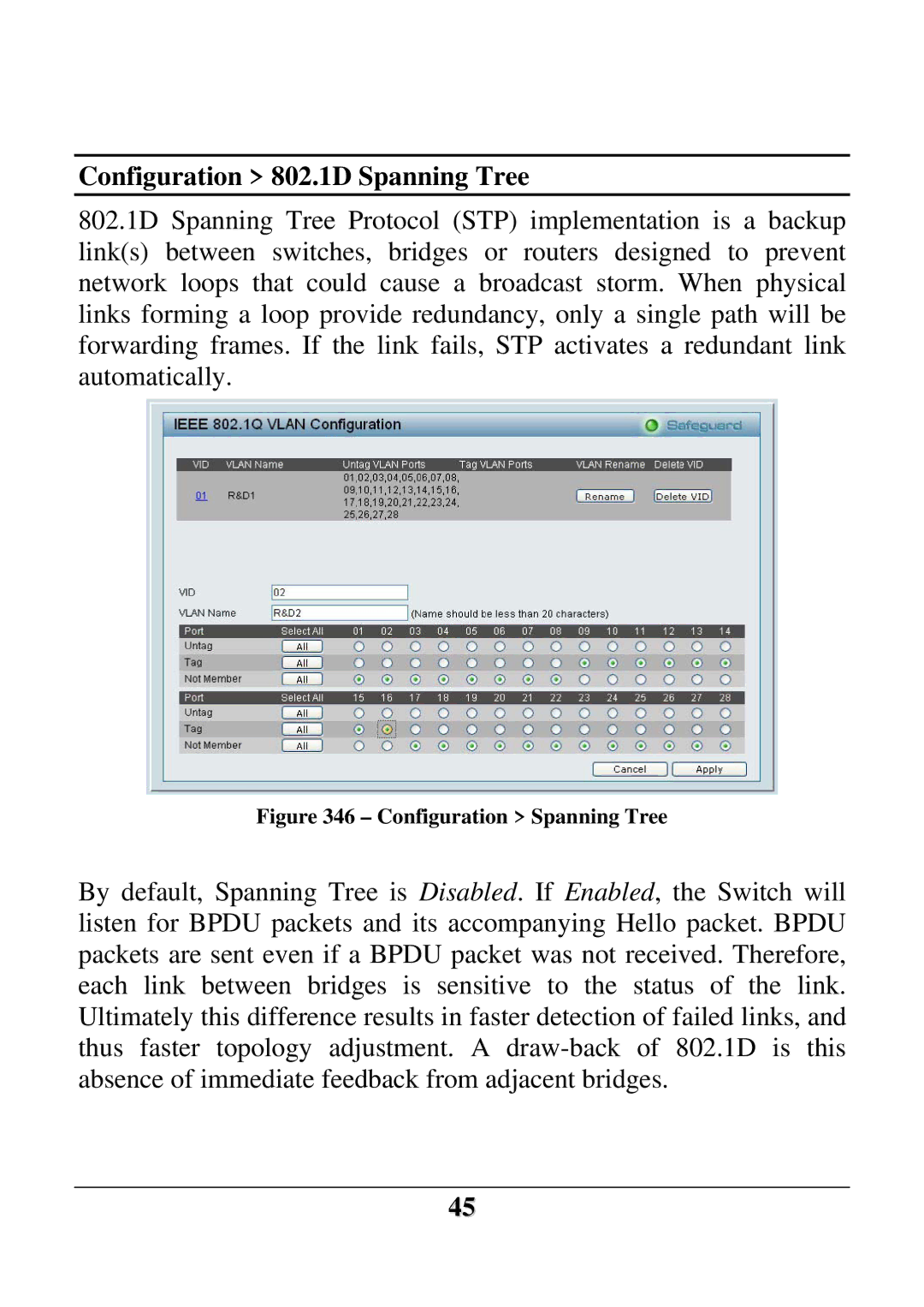 D-Link DES-1228 user manual Configuration 802.1D Spanning Tree, Configuration Spanning Tree 