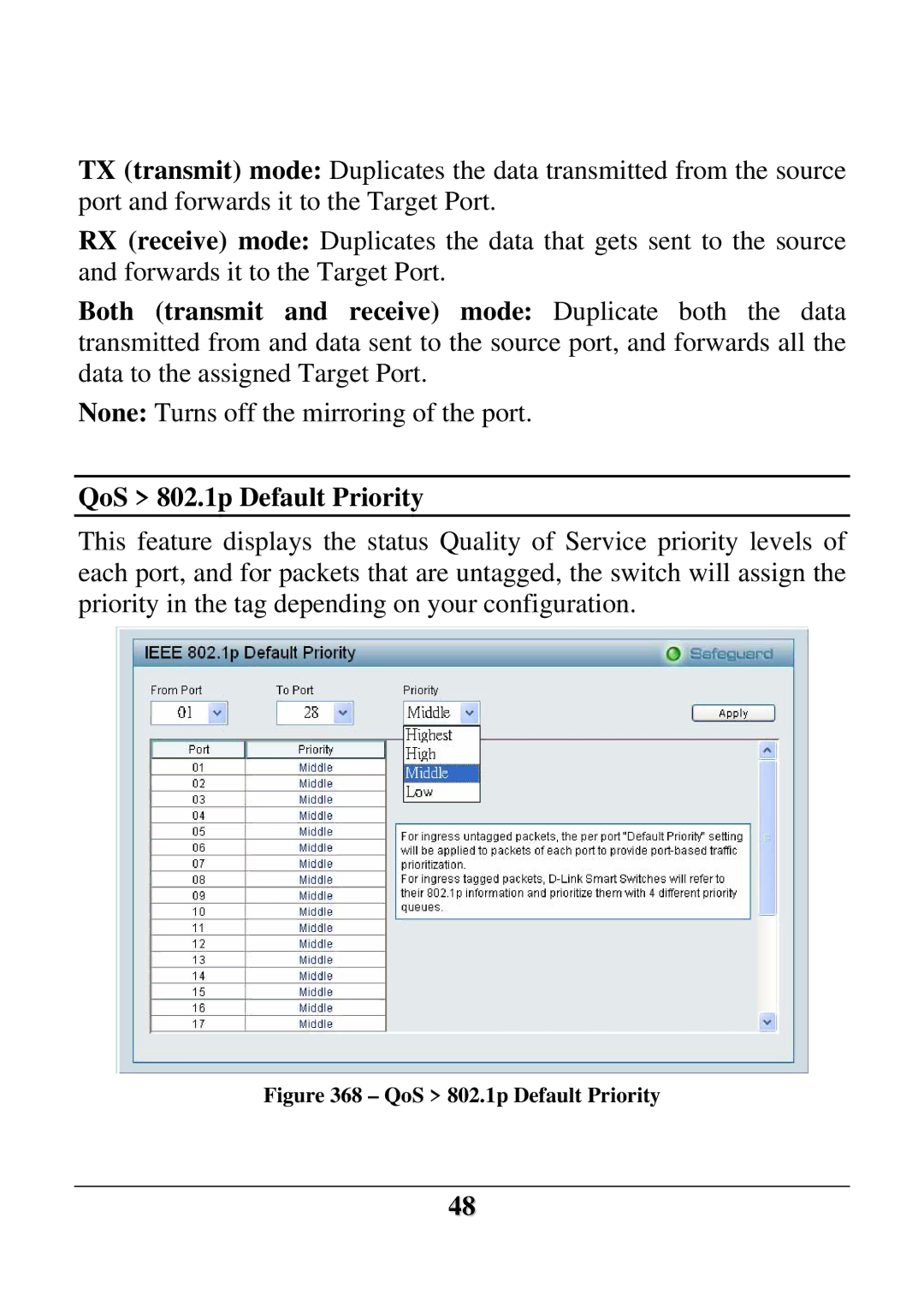 D-Link DES-1228 user manual QoS 802.1p Default Priority 