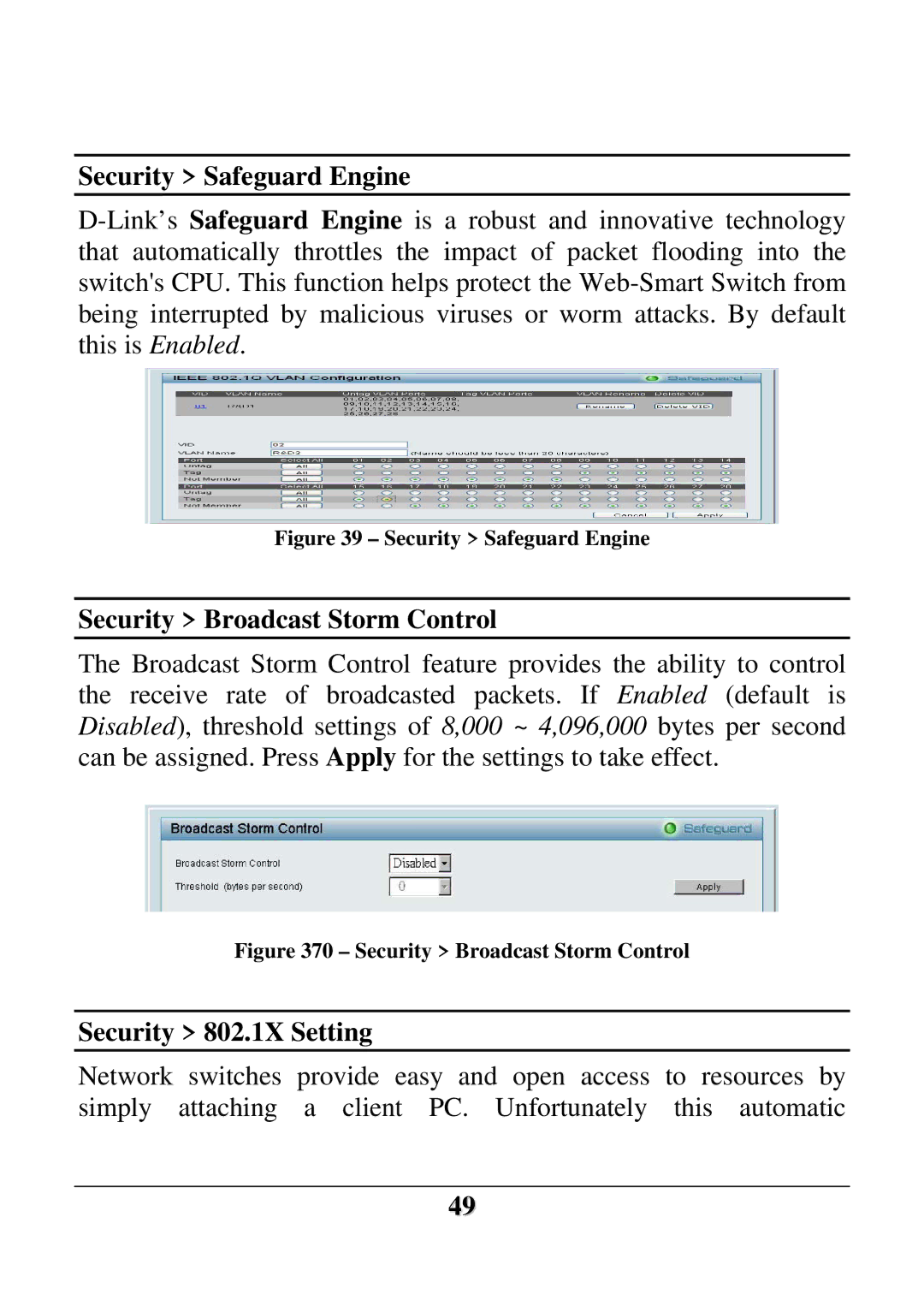 D-Link DES-1228 user manual Security Safeguard Engine, Security Broadcast Storm Control, Security 802.1X Setting 