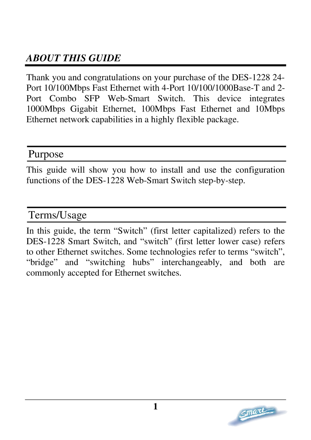 D-Link DES-1228 user manual Purpose, Terms/Usage 