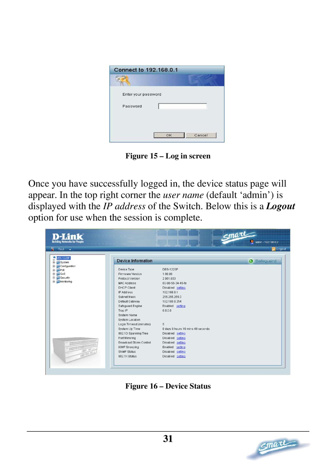 D-Link DES-1228P user manual Log in screen 