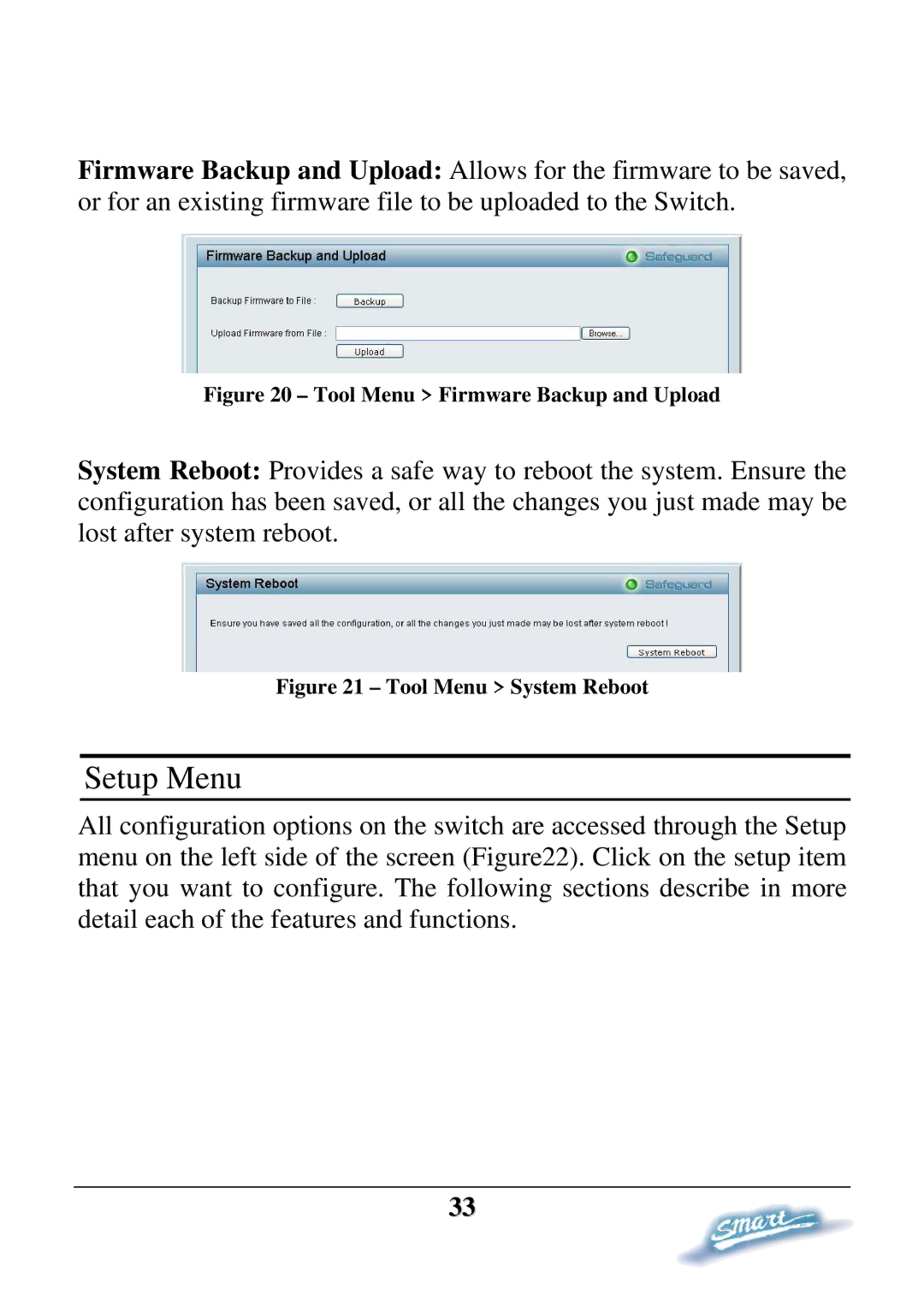 D-Link DES-1228P user manual Setup Menu, Tool Menu Firmware Backup and Upload 