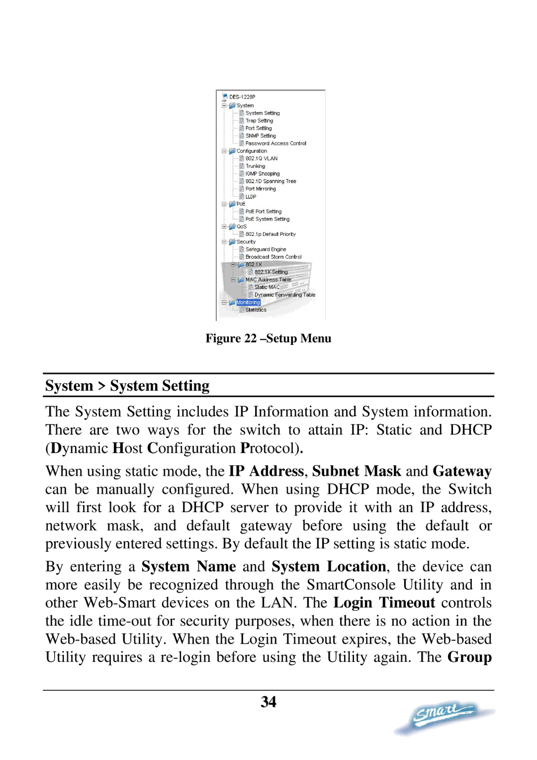 D-Link DES-1228P user manual System System Setting, Setup Menu 