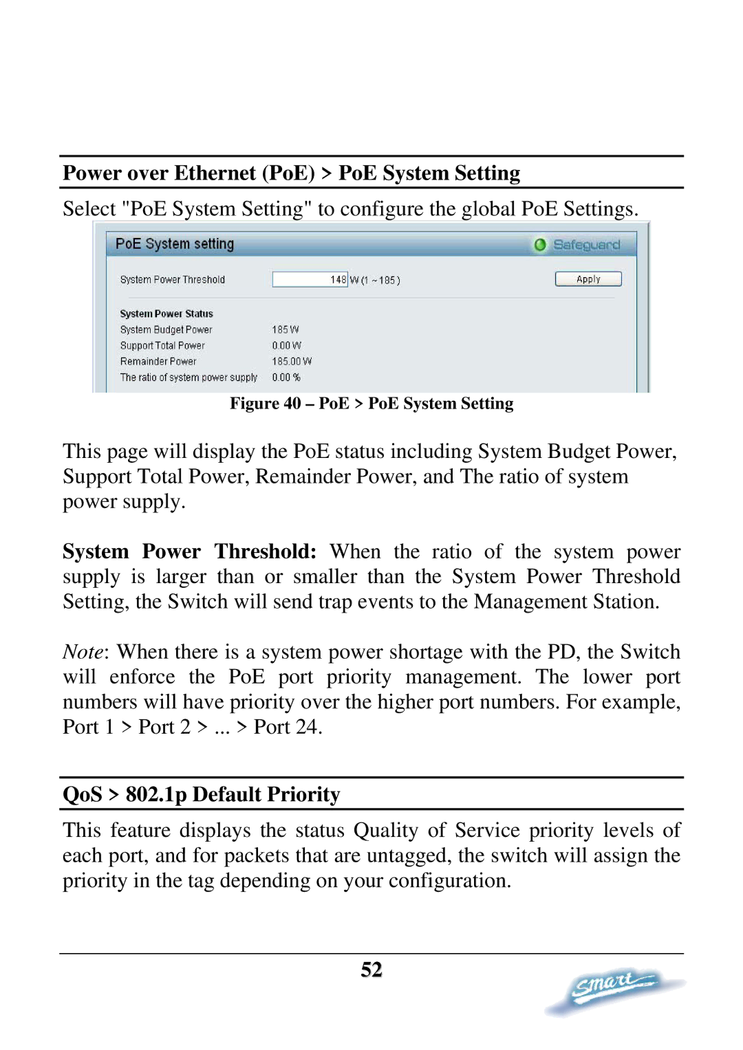 D-Link DES-1228P user manual Power over Ethernet PoE PoE System Setting, QoS 802.1p Default Priority 