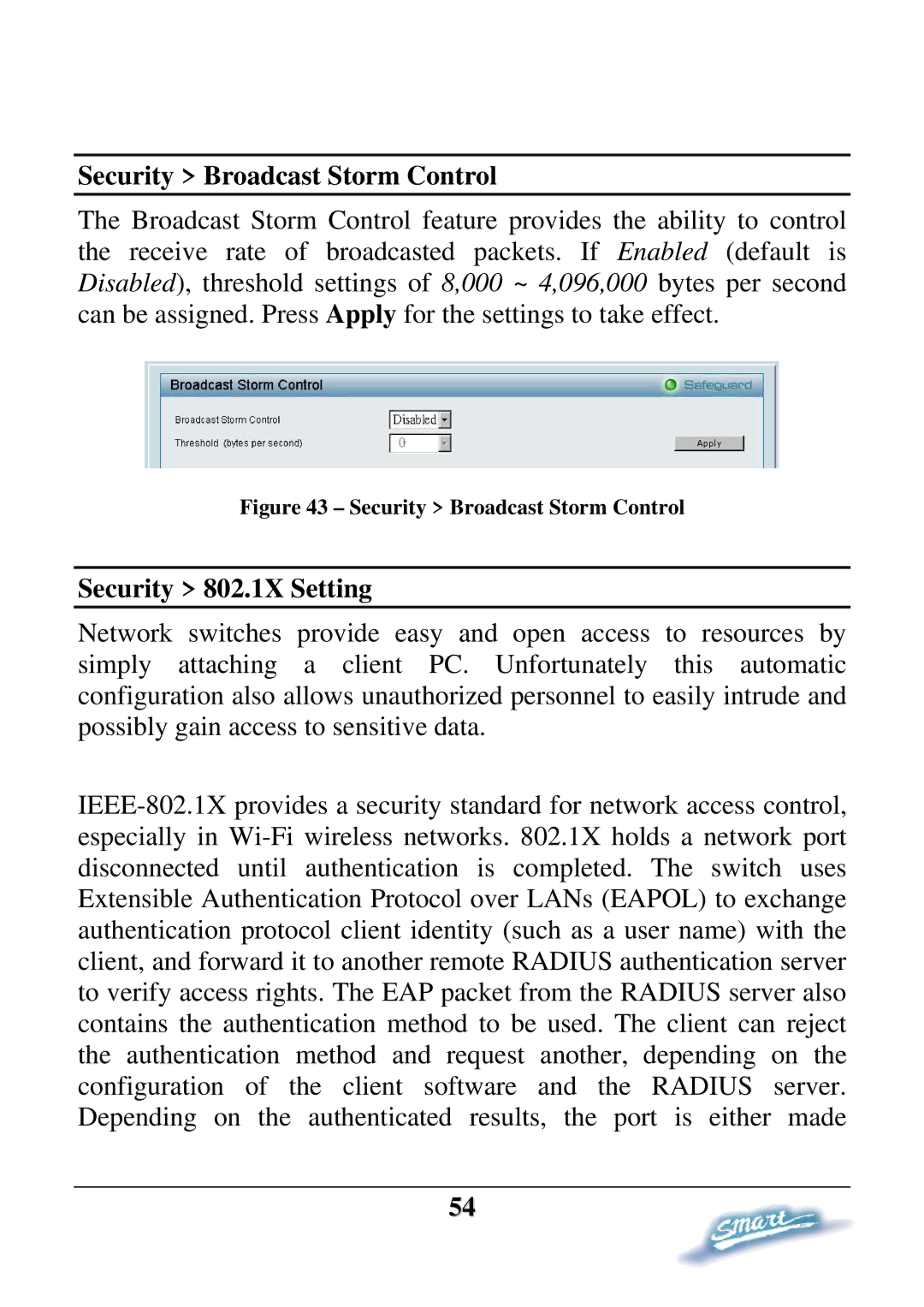 D-Link DES-1228P user manual Security Broadcast Storm Control, Security 802.1X Setting 