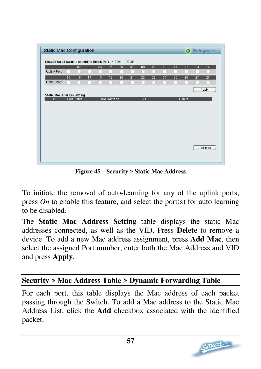 D-Link DES-1228P user manual Security Mac Address Table Dynamic Forwarding Table, Security Static Mac Address 