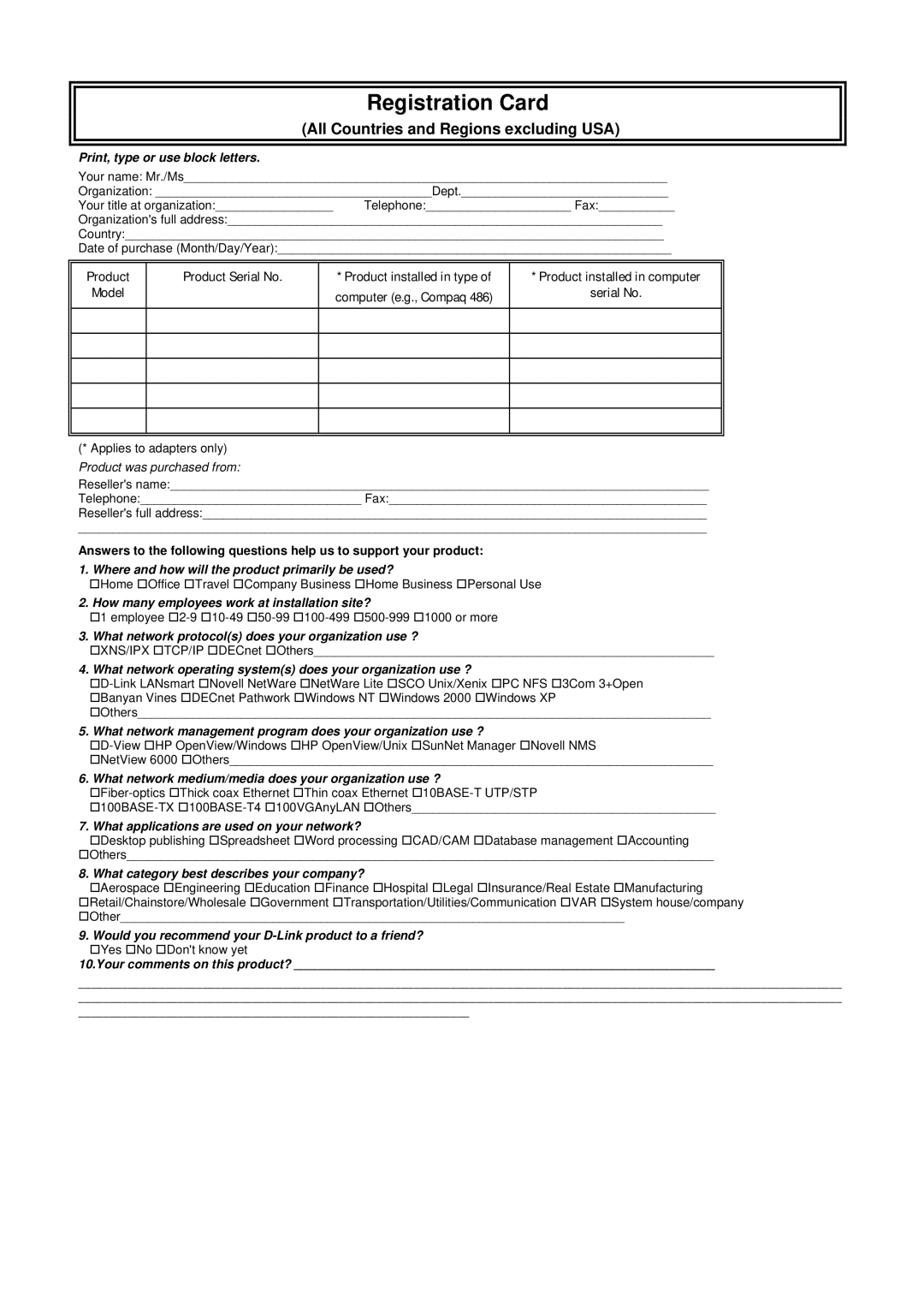 D-Link DES-1228P user manual Registration Card 