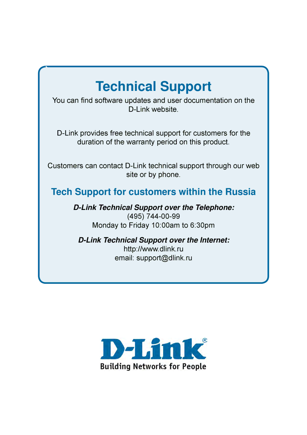 D-Link DES-1228P user manual Tech Support for customers within the Russia 