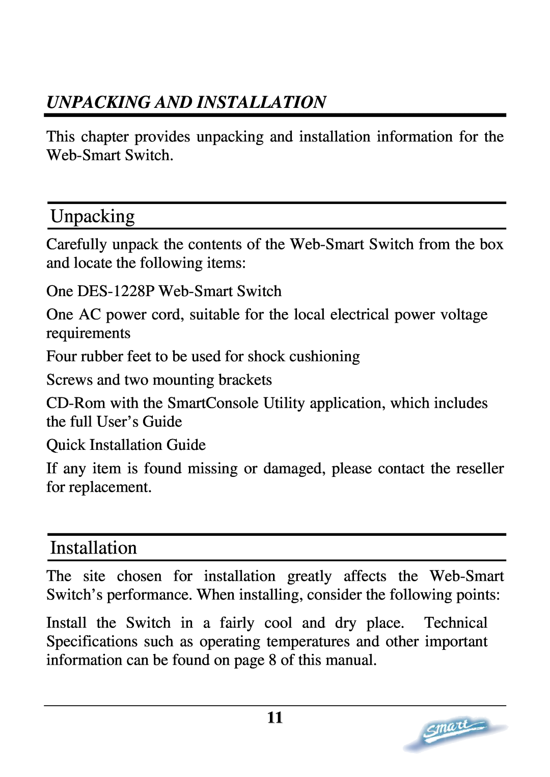 D-Link DES-1228P user manual Unpacking And Installation 