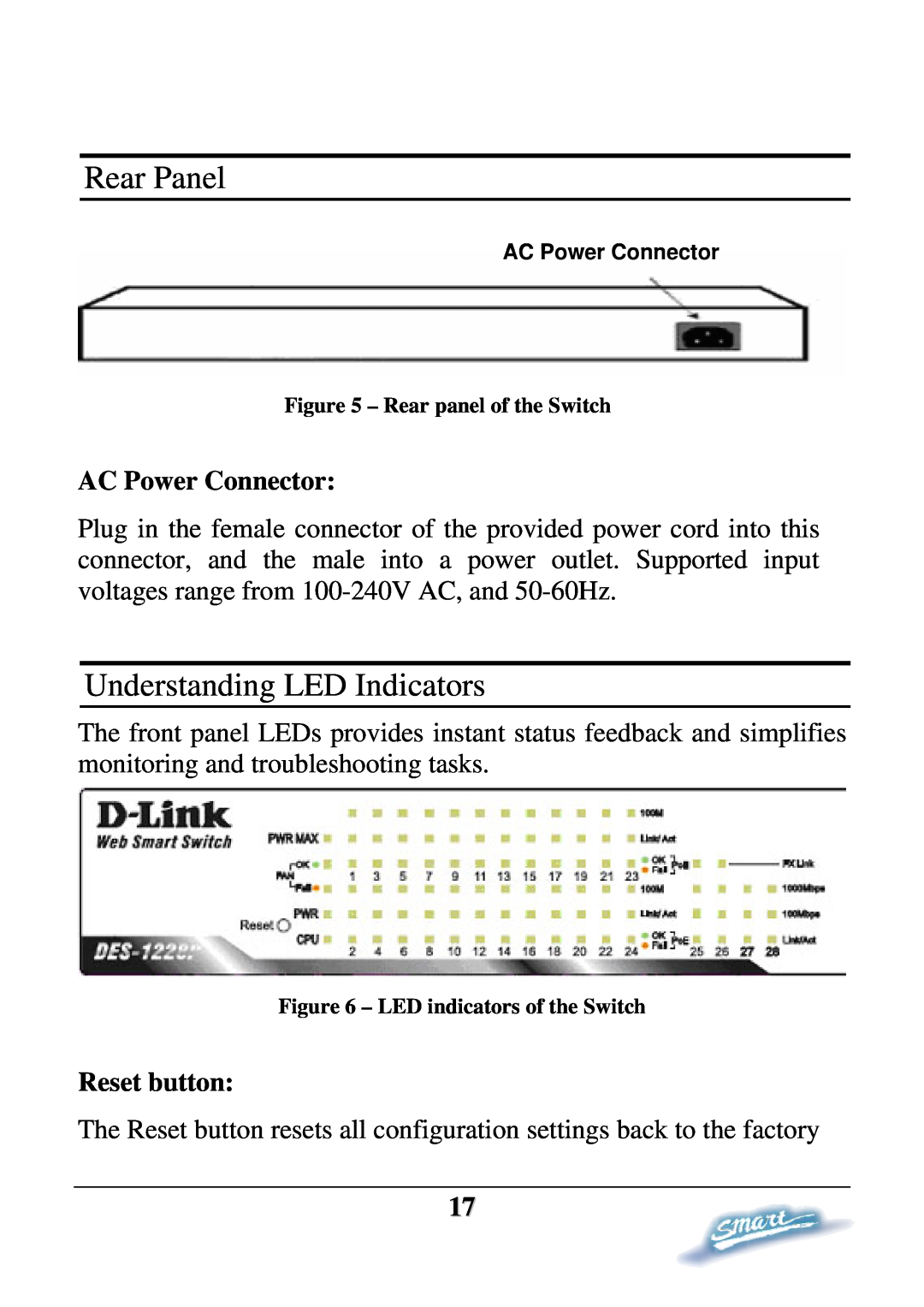 D-Link DES-1228P user manual Rear Panel, Understanding LED Indicators, AC Power Connector, Reset button 