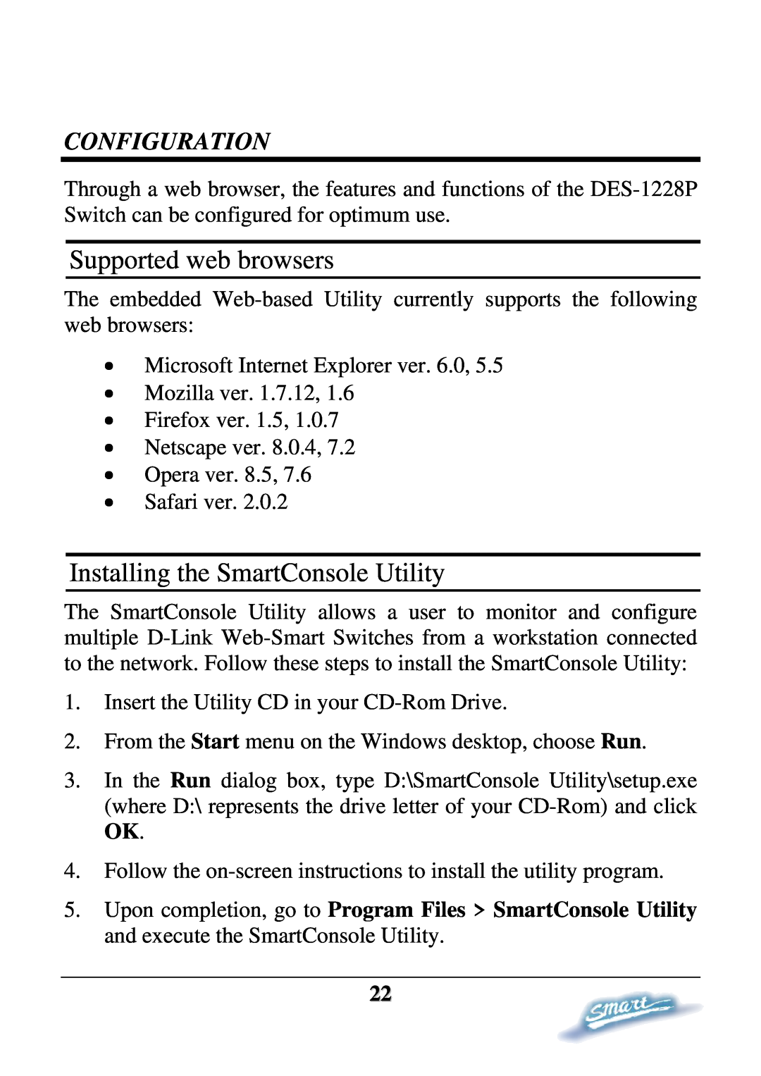 D-Link DES-1228P user manual Supported web browsers, Installing the SmartConsole Utility, Configuration 