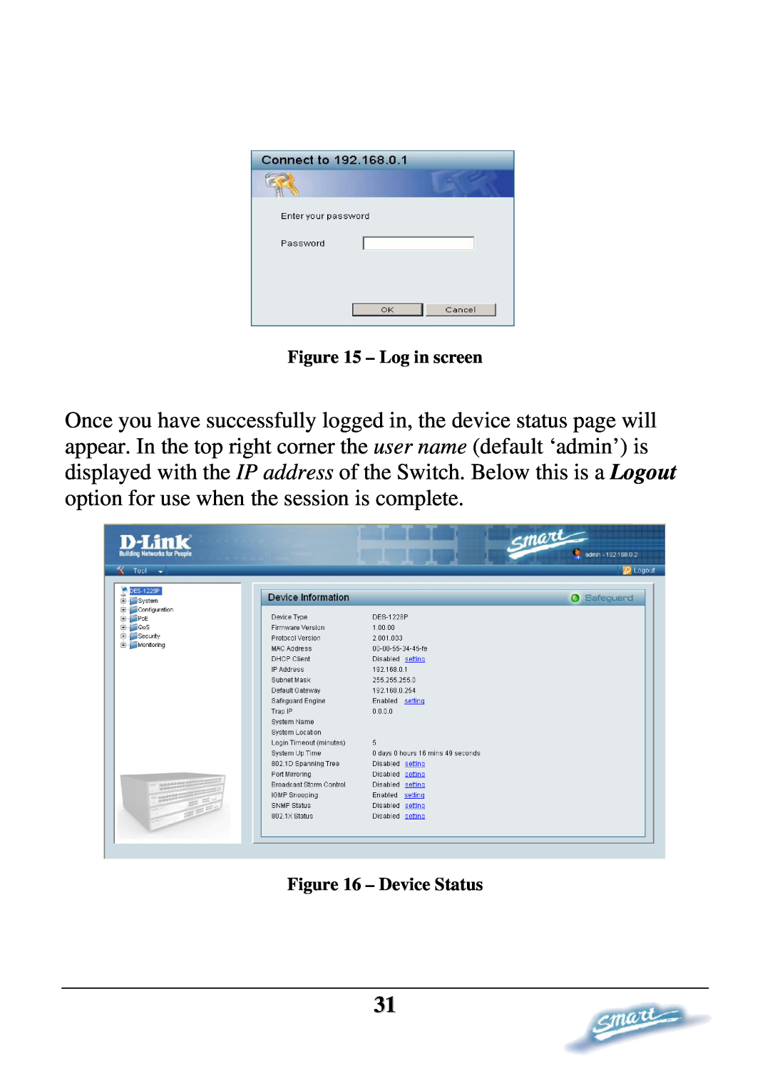 D-Link DES-1228P user manual Log in screen, Device Status 