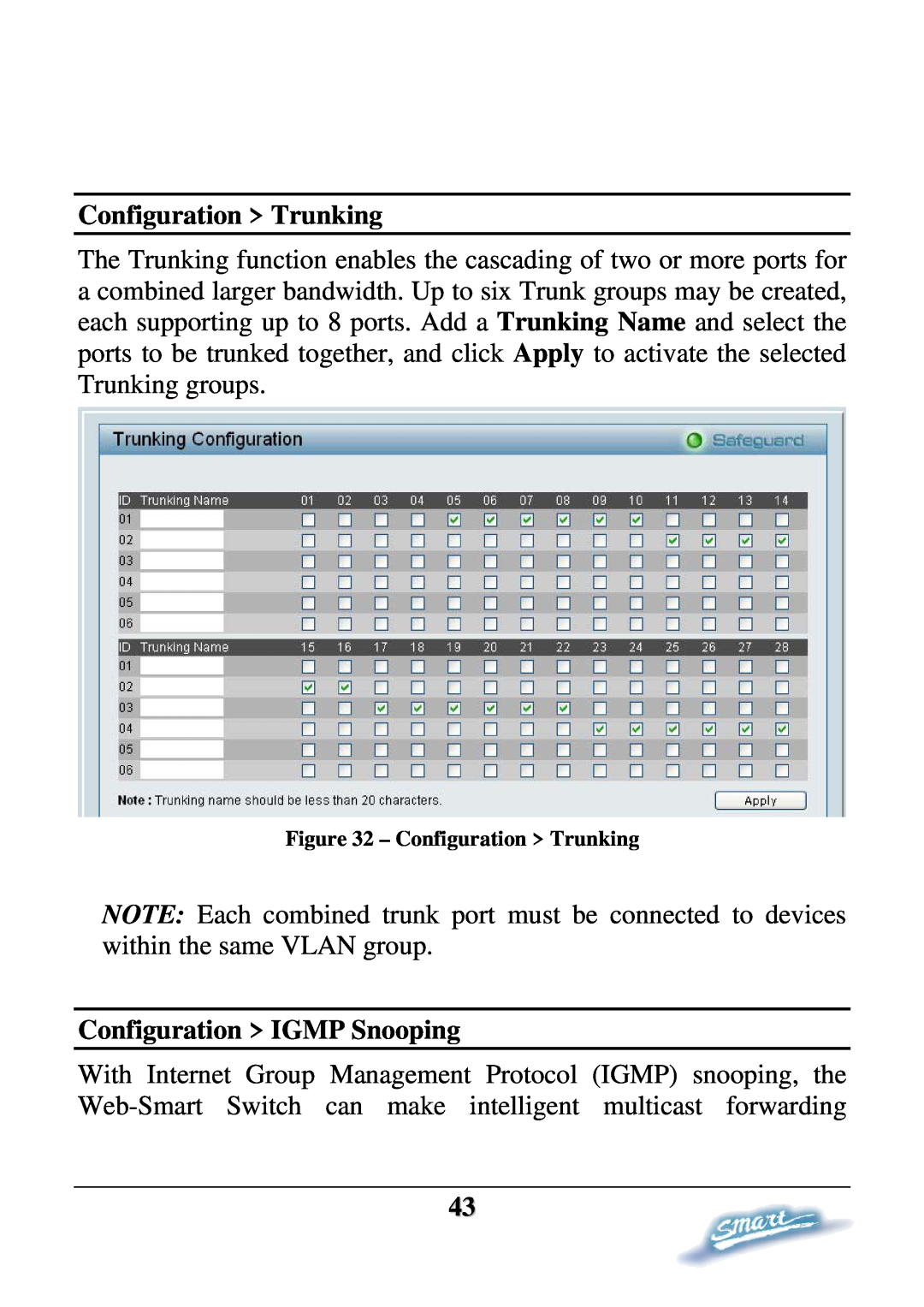 D-Link DES-1228P user manual Configuration Trunking, Configuration IGMP Snooping 