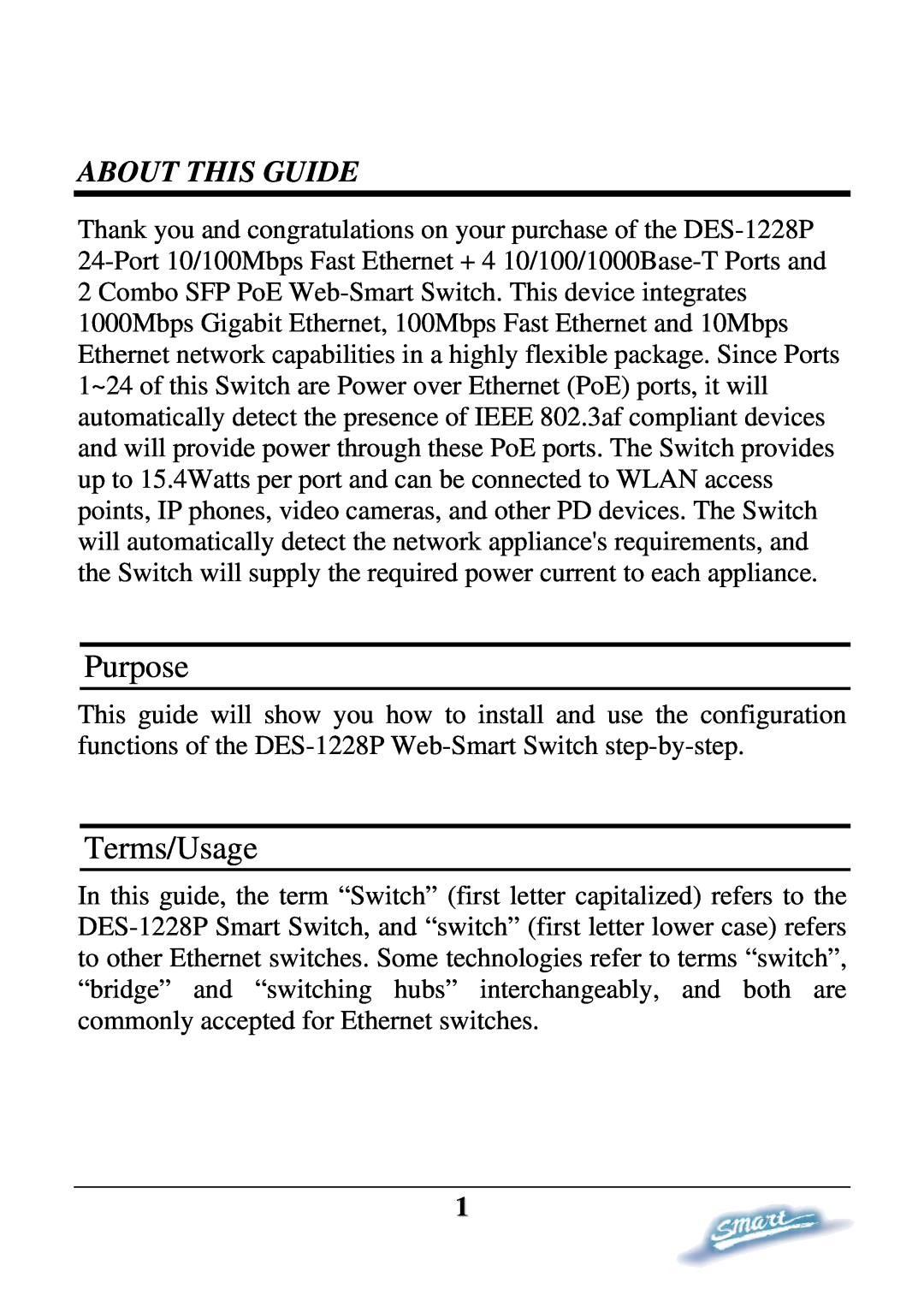 D-Link DES-1228P user manual Purpose, Terms/Usage, About This Guide 