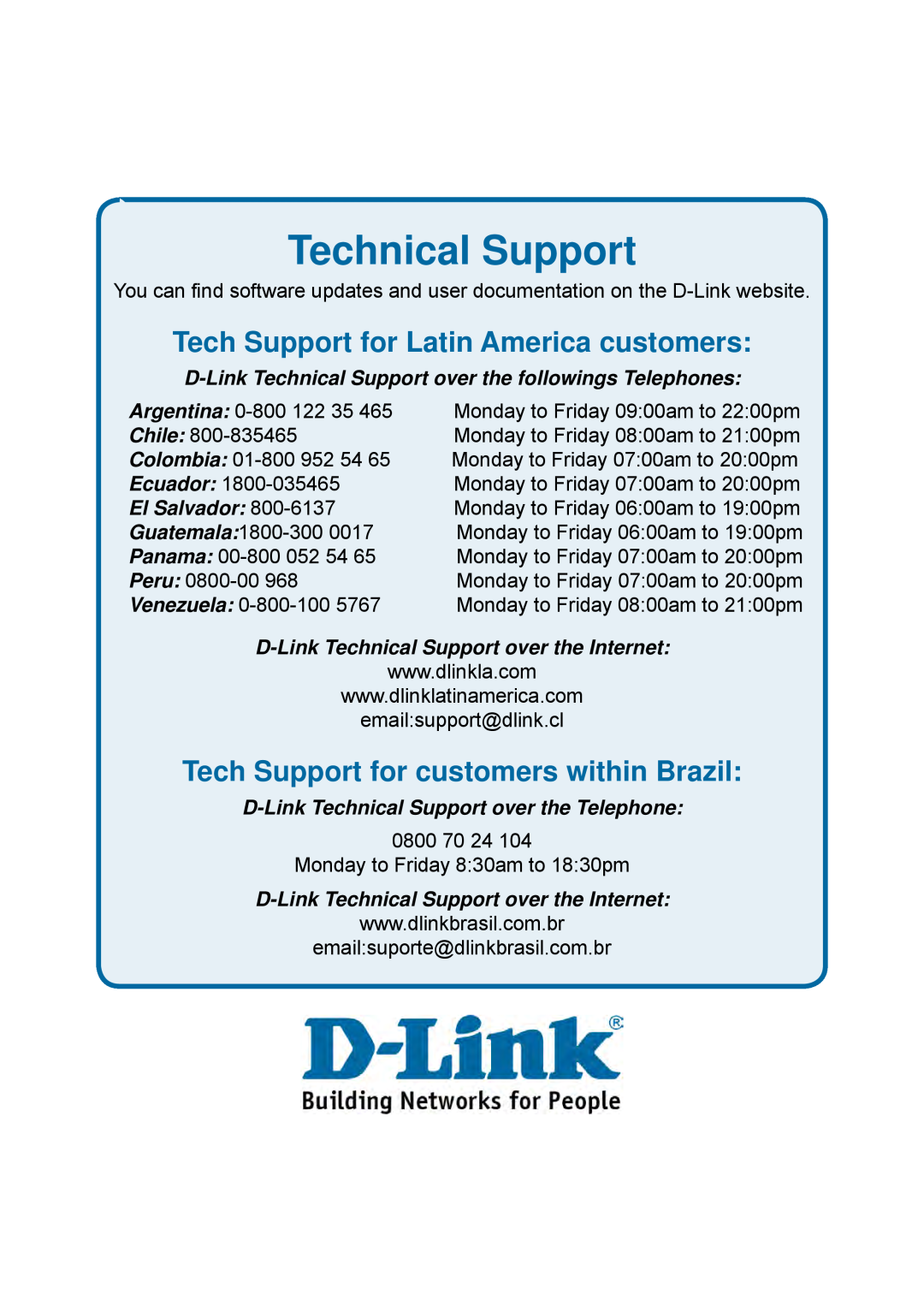 D-Link DES-1228P Tech Support for Latin America customers, Tech Support for customers within Brazil, Technical Support 