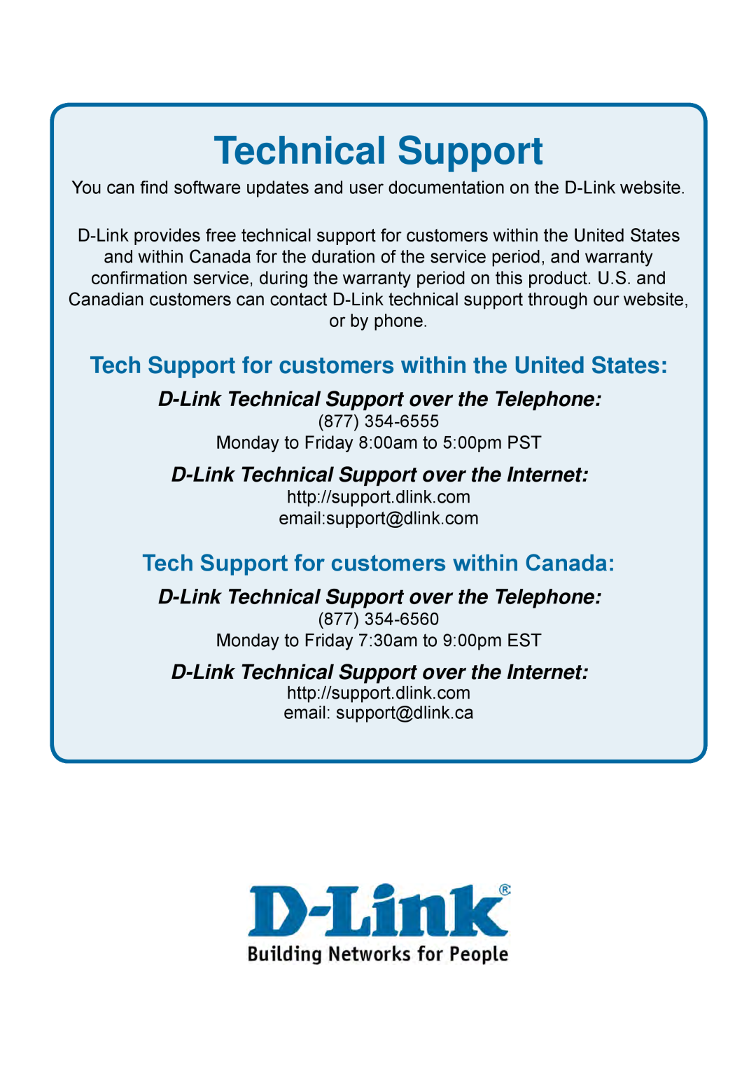 D-Link DES-1228P user manual Tech Support for customers within the United States, Tech Support for customers within Canada 
